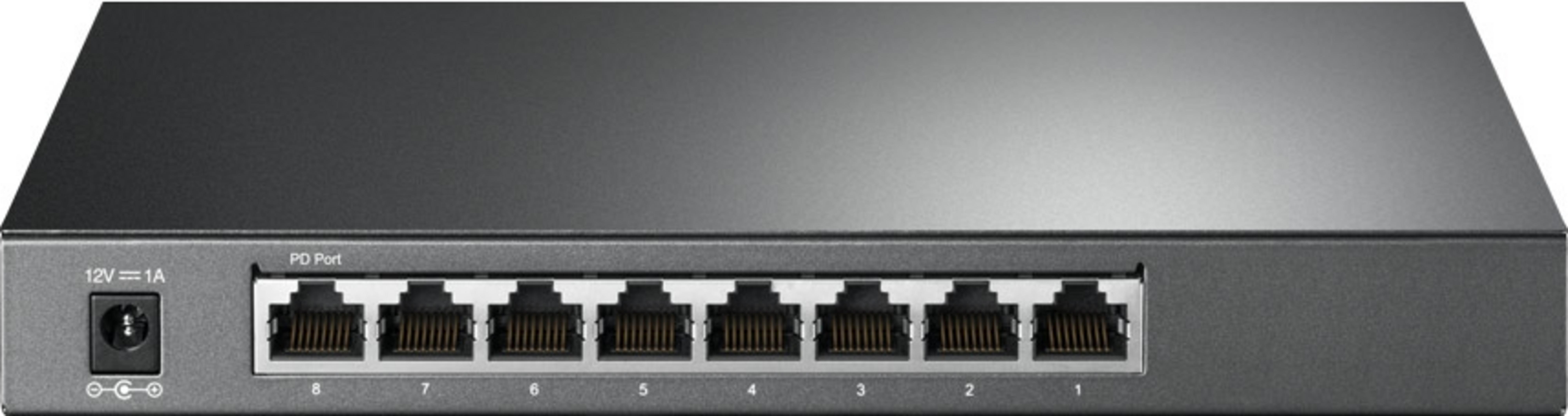 Grauer Netzwerk-Switch mit 8 Ethernet-Ports und einem Netzteilanschluss.