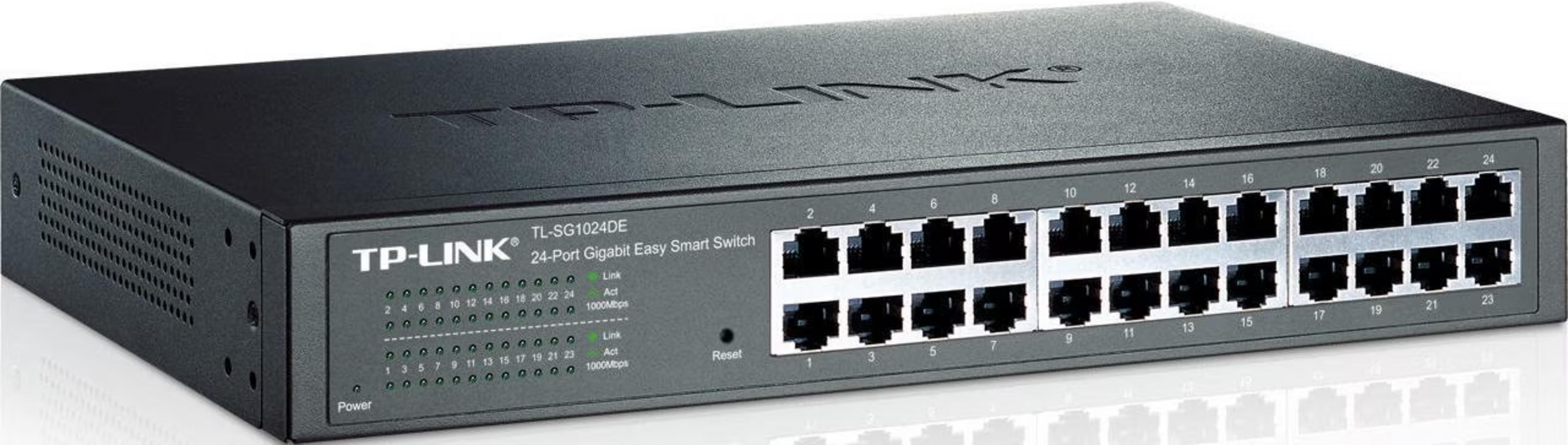 Czarny przełącznik sieciowy Gigabit TP-Link 24-portowy z wieloma portami.