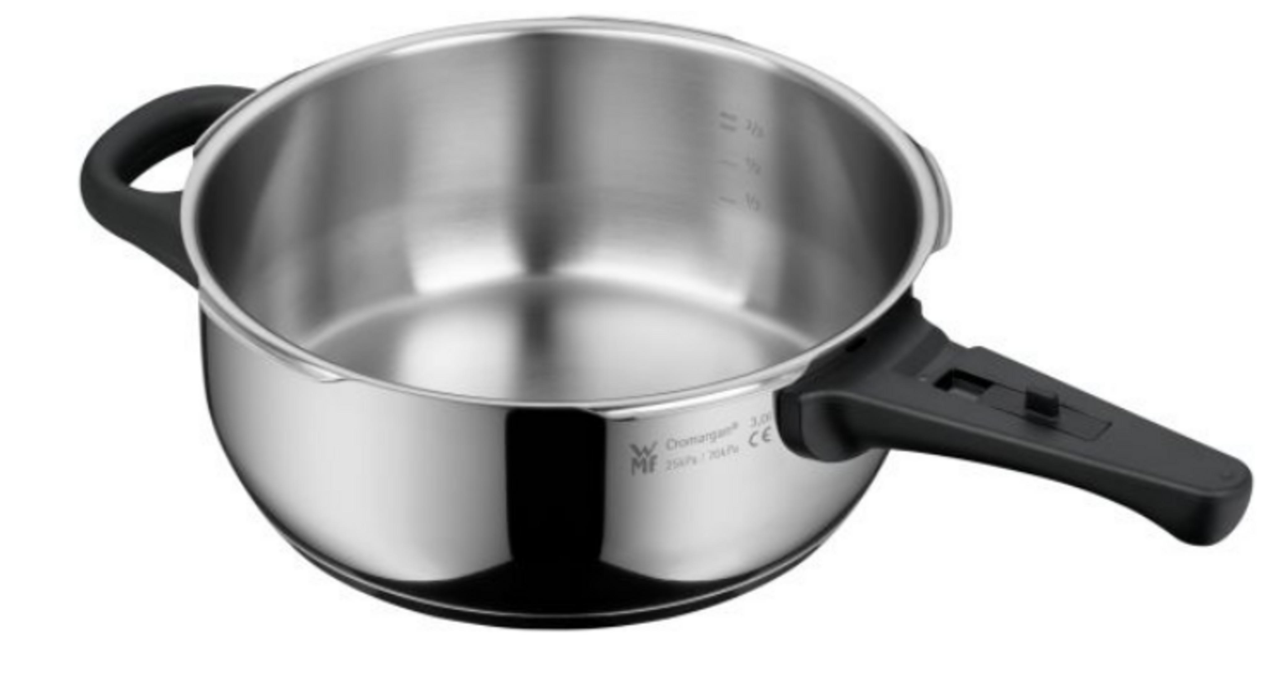 Una olla a presión plateada con un asa negra y un agarre pequeño.