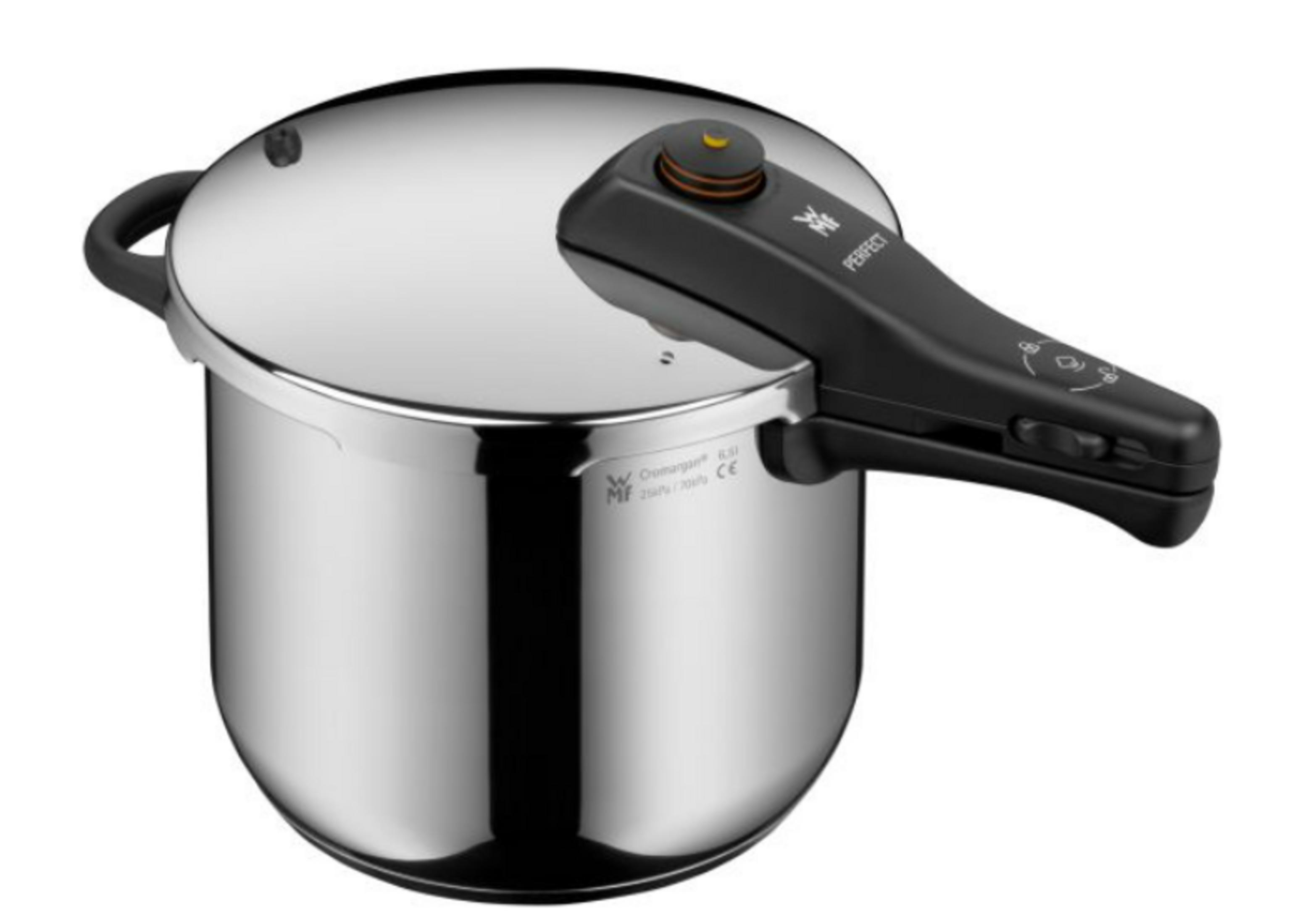 Una olla a presión plateada brillante con asa y válvula negras.