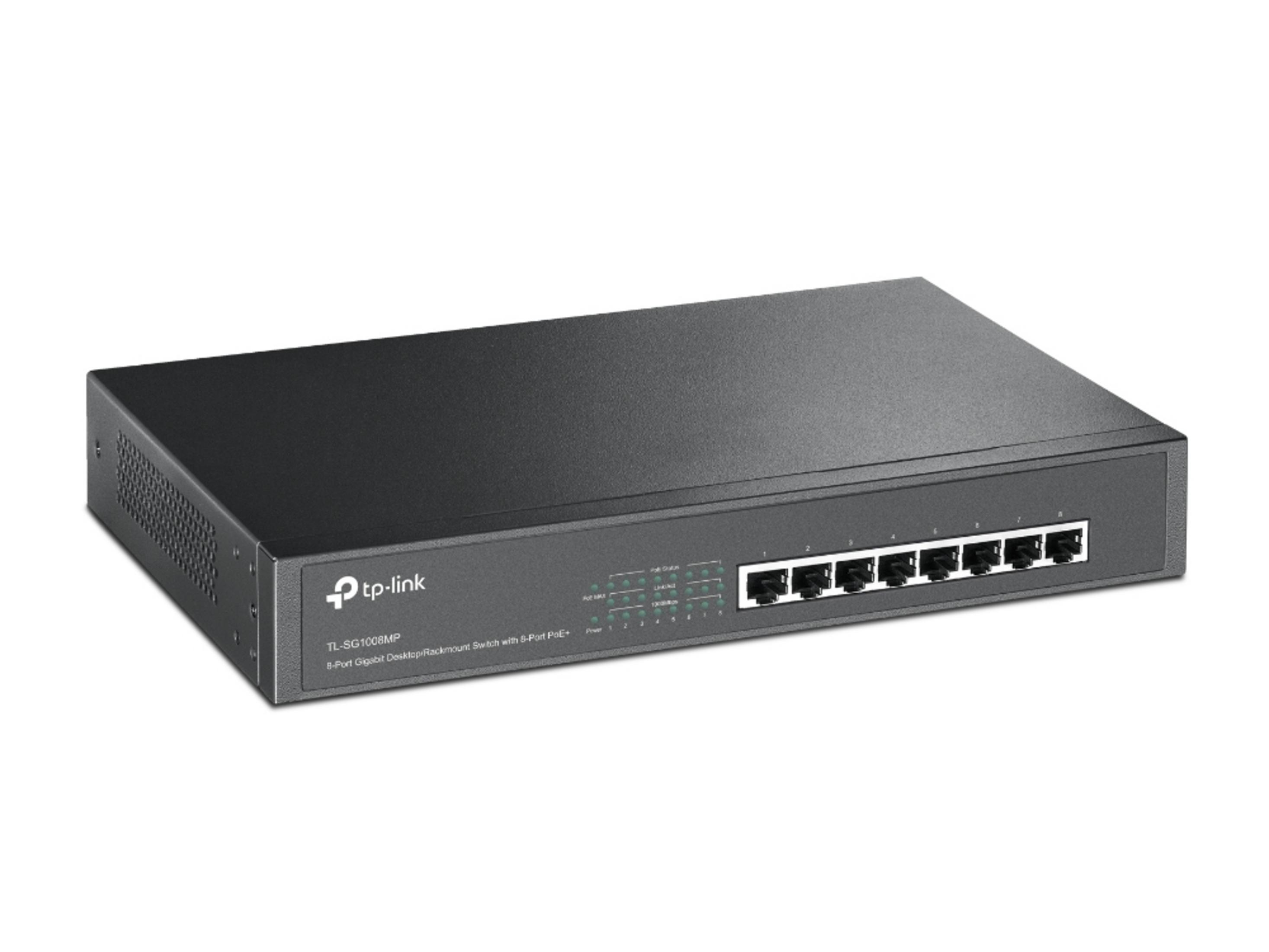 Czarny przełącznik TP-Link Gigabit PoE+ 8-portowy z portami Ethernet i diodami LED.