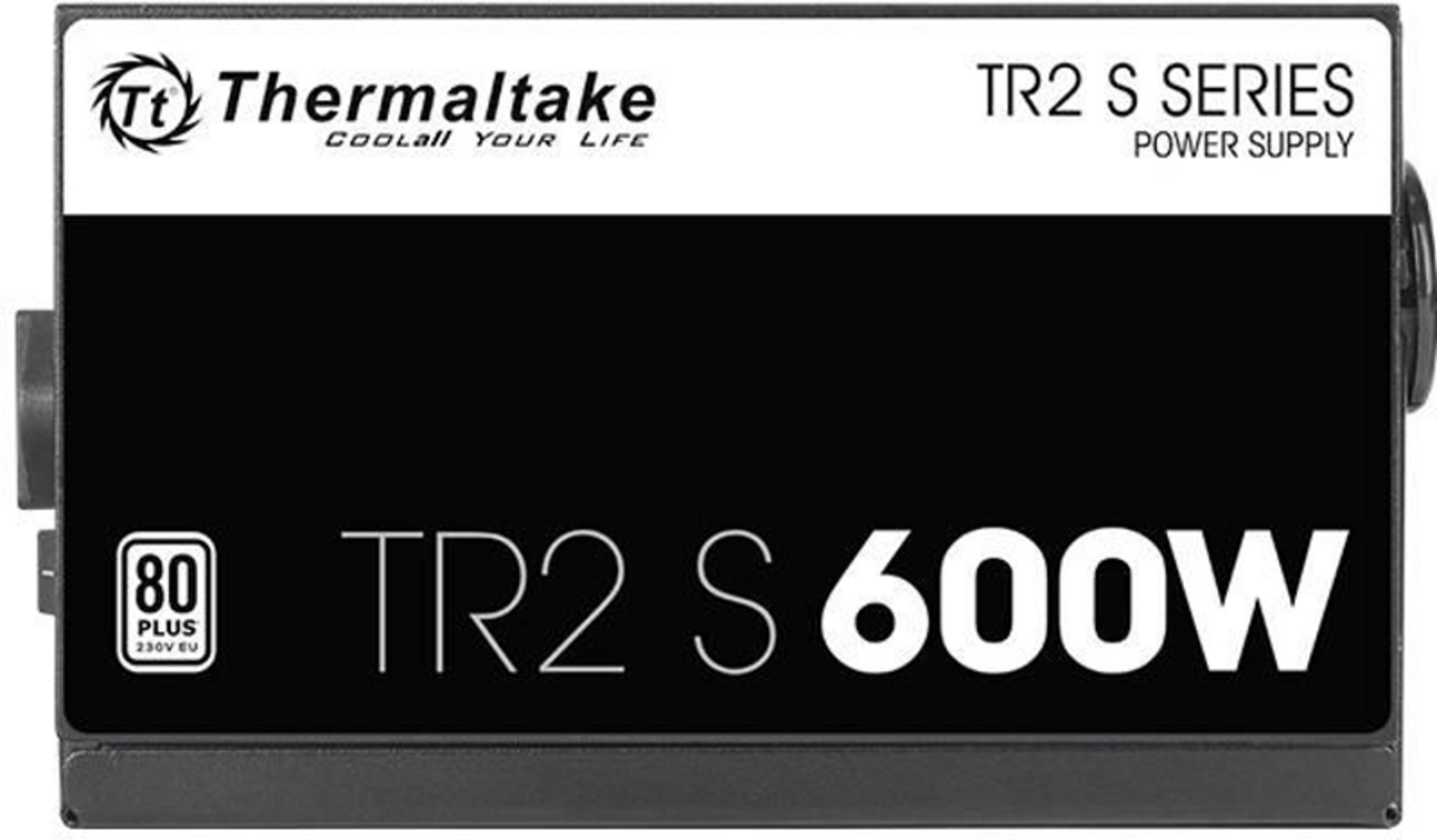 Una fuente de alimentación Thermaltake negra con certificación 80 Plus y 600W.