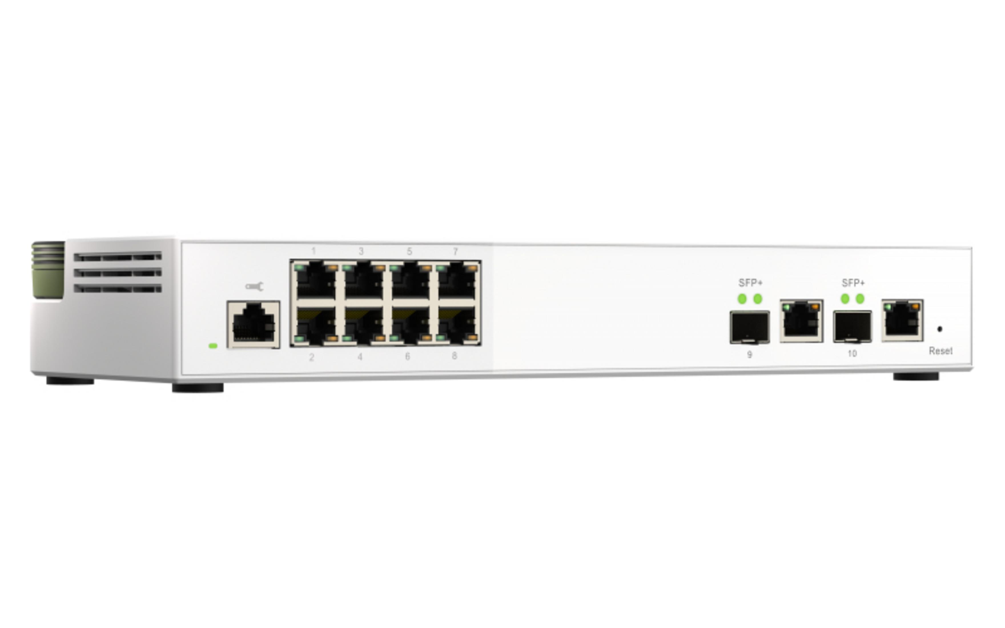 Een witte netwerkswitch met 8 Ethernet-poorten en 2 SFP+-poorten.