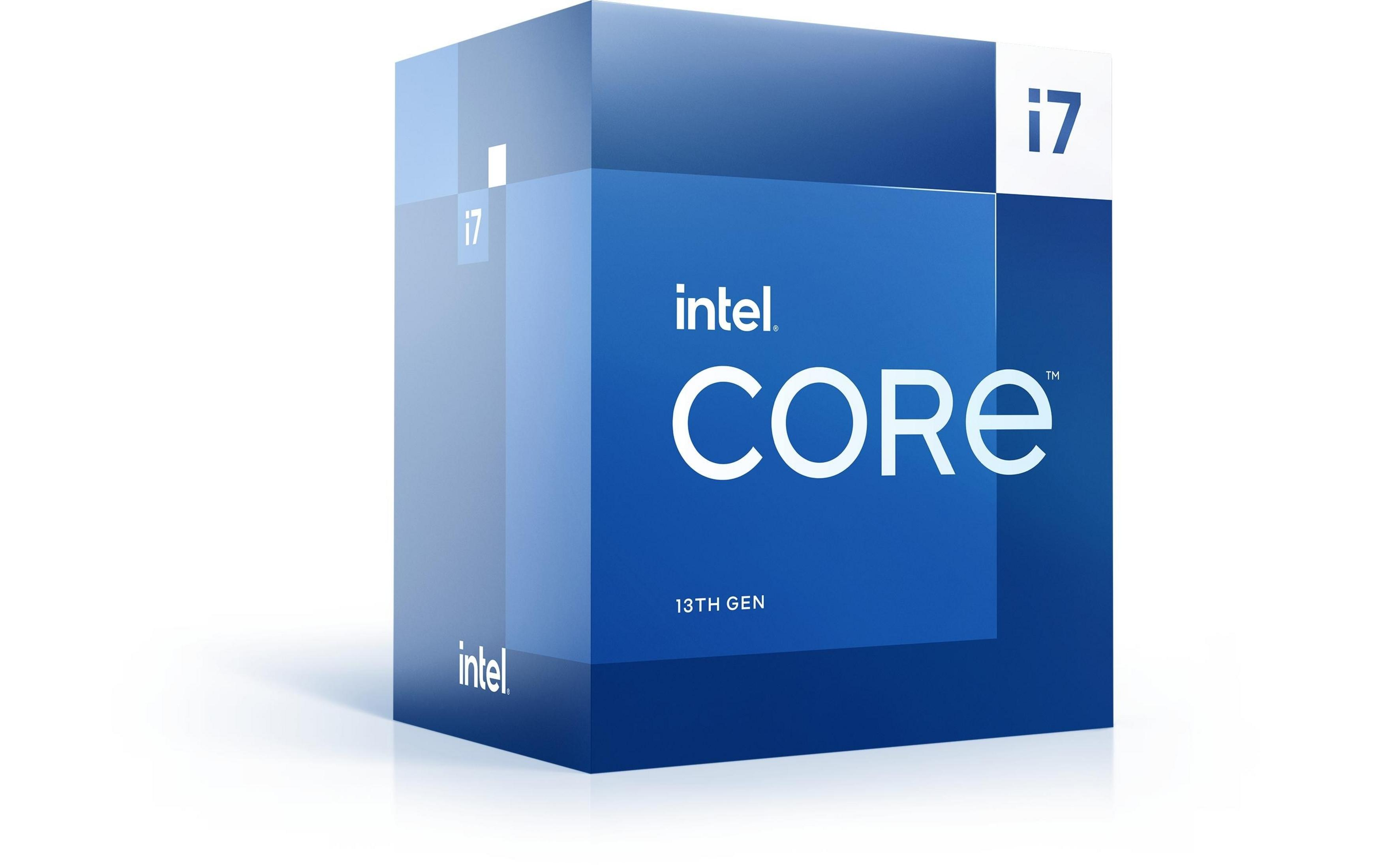Niebiesko-białe pudełko procesora Intel Core i7 13. generacji.