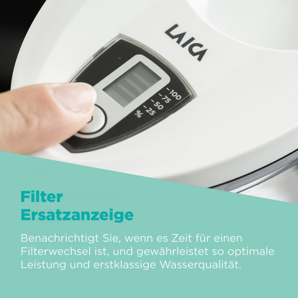 Wyświetlacz filtra LAICA z procentami i palcem obsługującym.