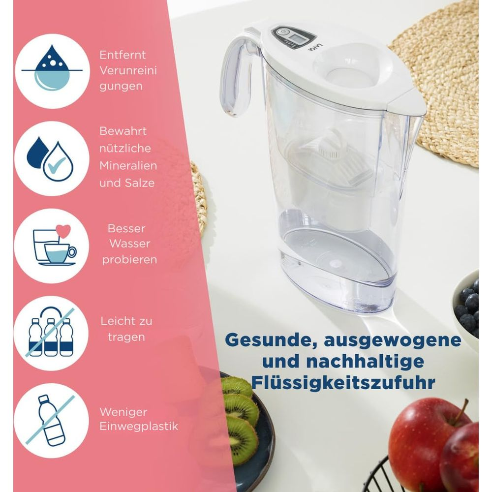 Dzbanek z filtrem do wody stoi na stole z owocami i ikonami.