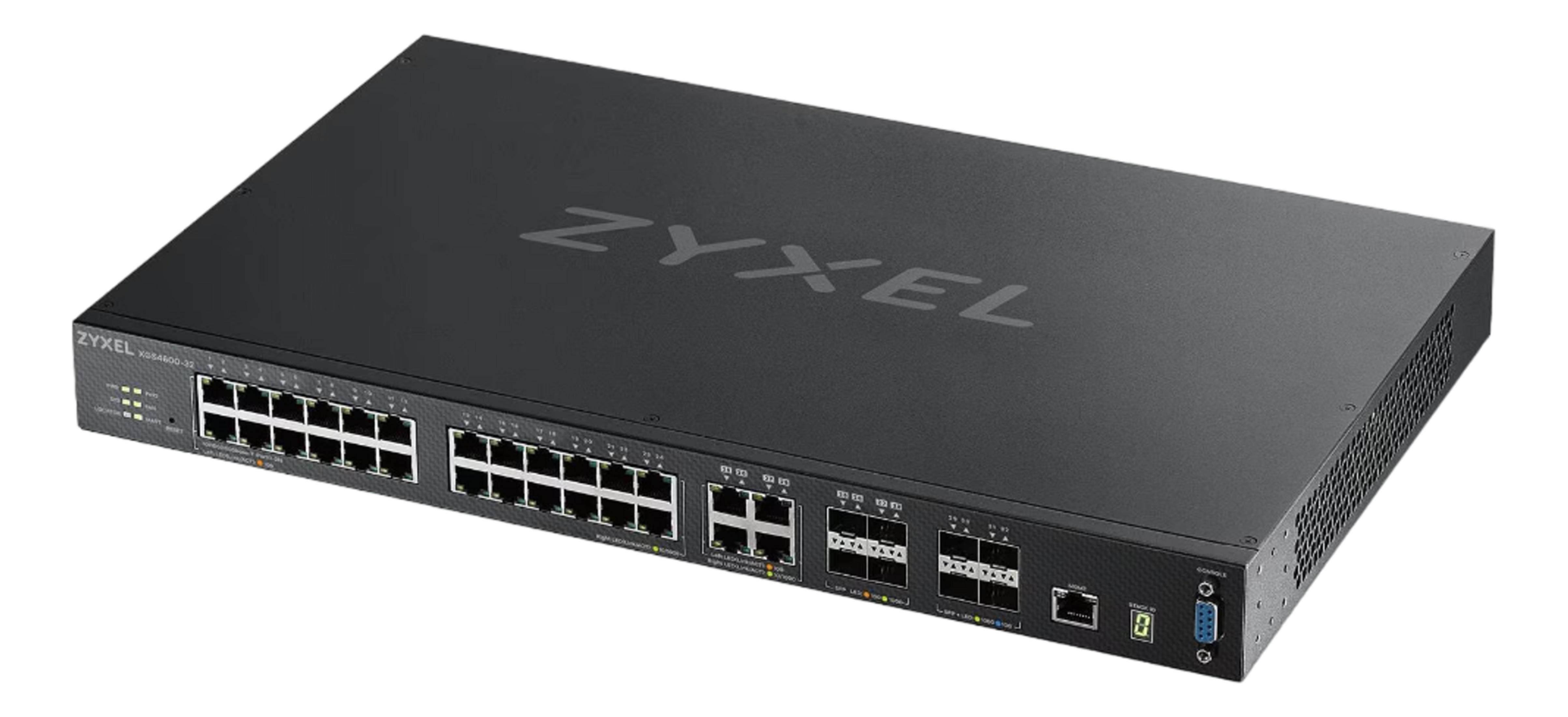 Uno switch di rete grigio con molte porte e il logo ZYXEL.