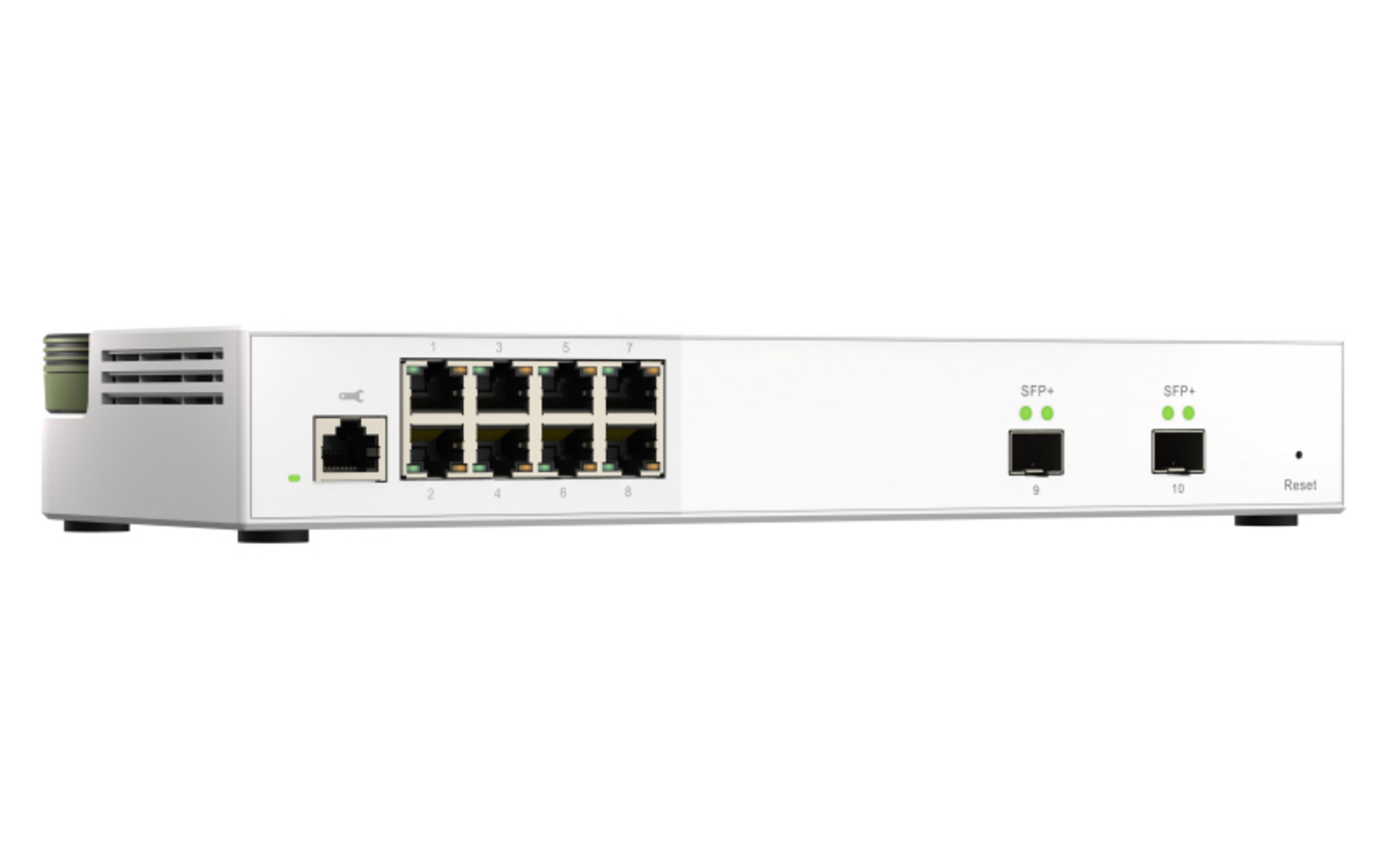 Biały przełącznik sieciowy z 8 portami Ethernet i 2 portami SFP+.