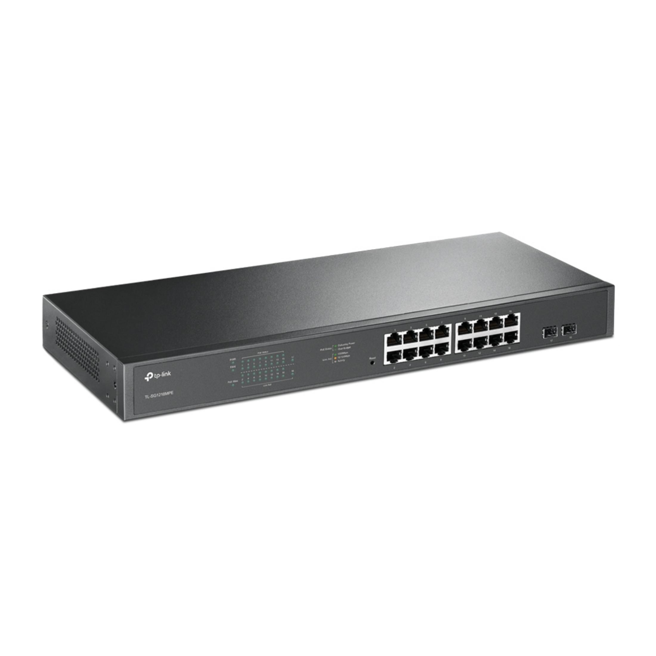 Un switch réseau TP-Link noir avec plusieurs ports et indicateurs LED.
