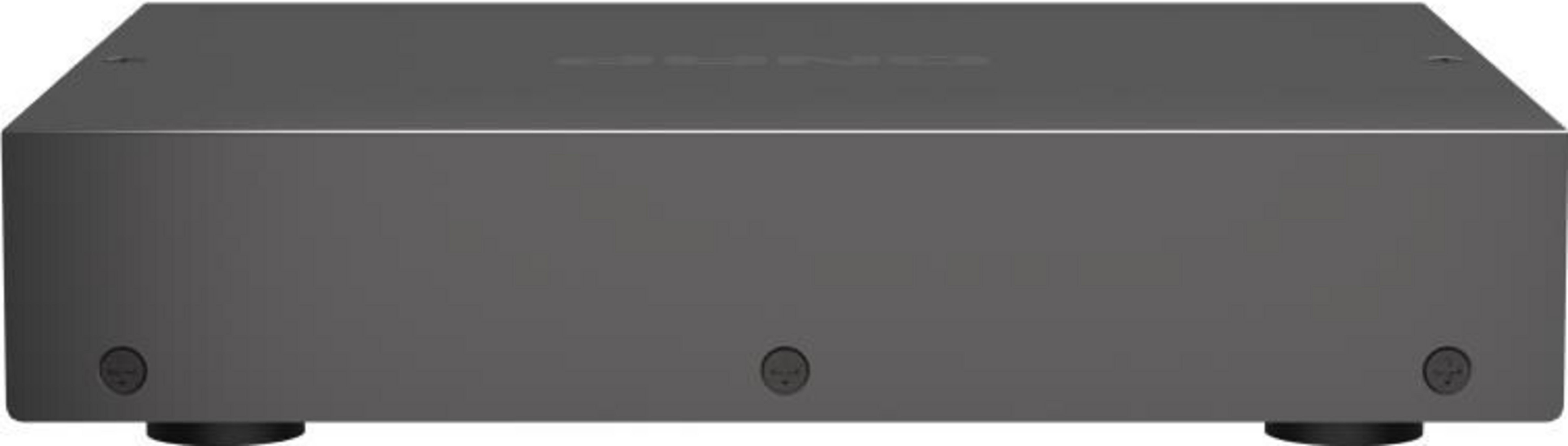 Ciemne, prostokątne pudełko z czterema nóżkami i czterema śrubami z przodu.