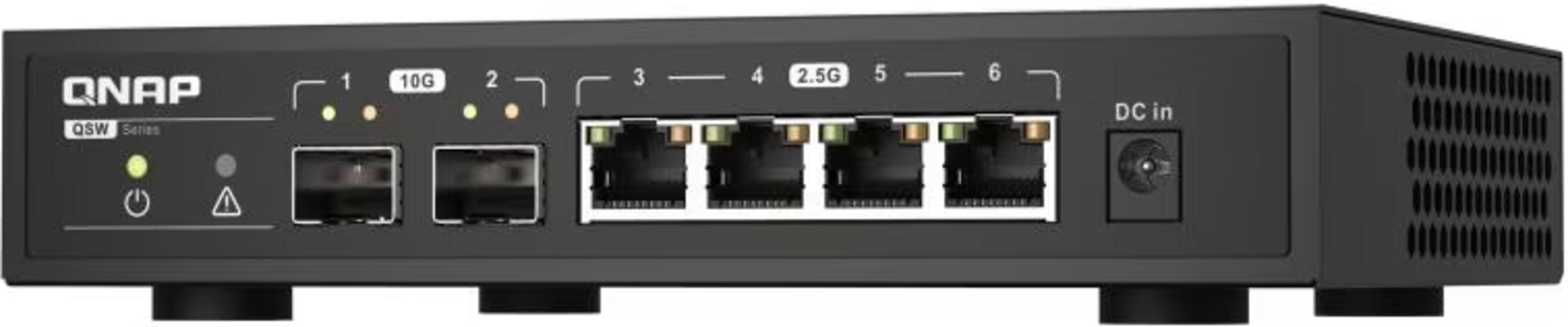 Przełącznik QNAP QSW z 6 portami: 2x 10GbE, 4x 2.5GbE i wejście DC.