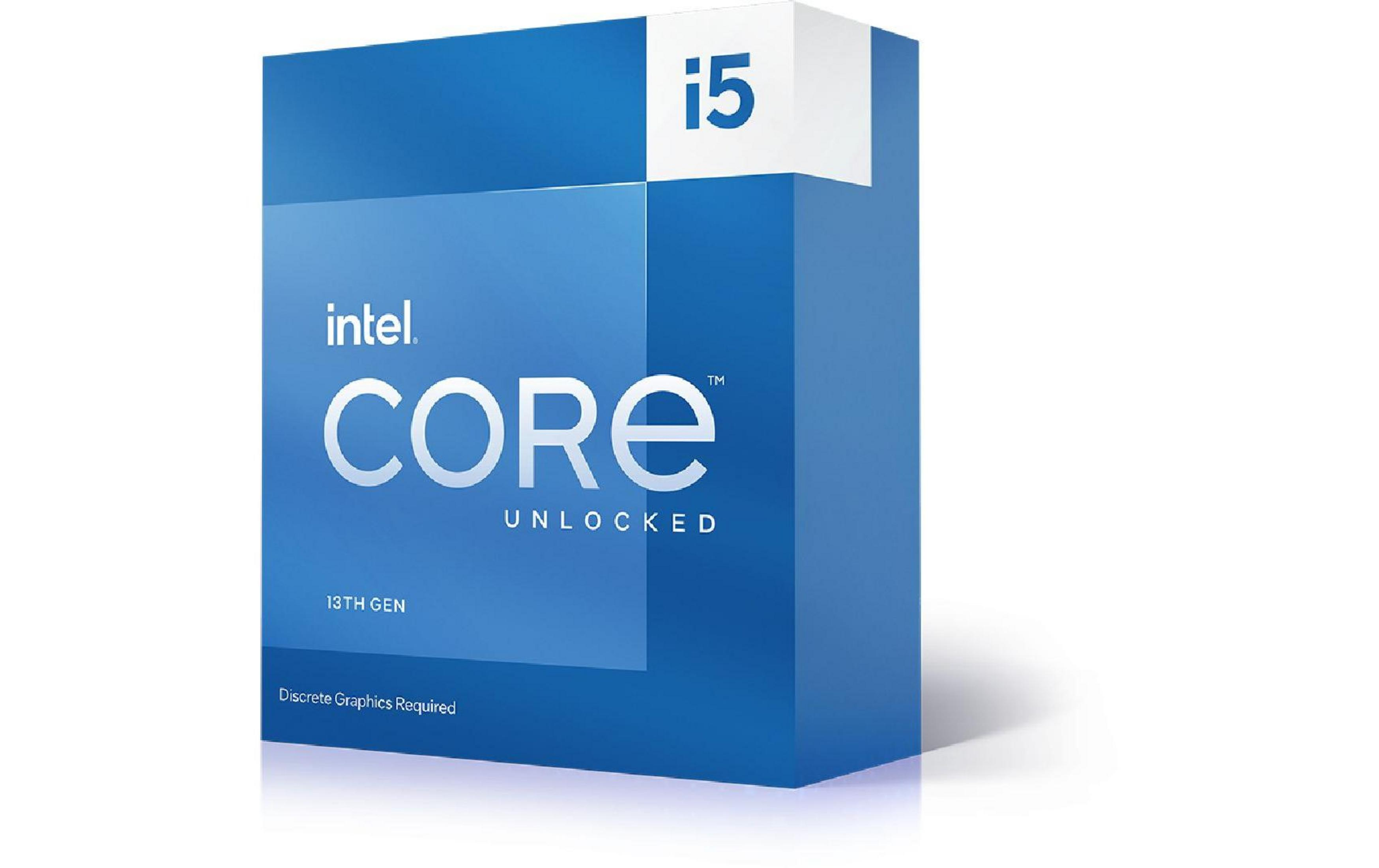 Scatola processore Intel Core i5, 13a Gen, design blu e bianco.