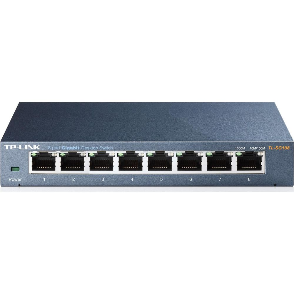 Uno switch desktop Gigabit TP-Link blu a 8 porte con otto porte Ethernet.