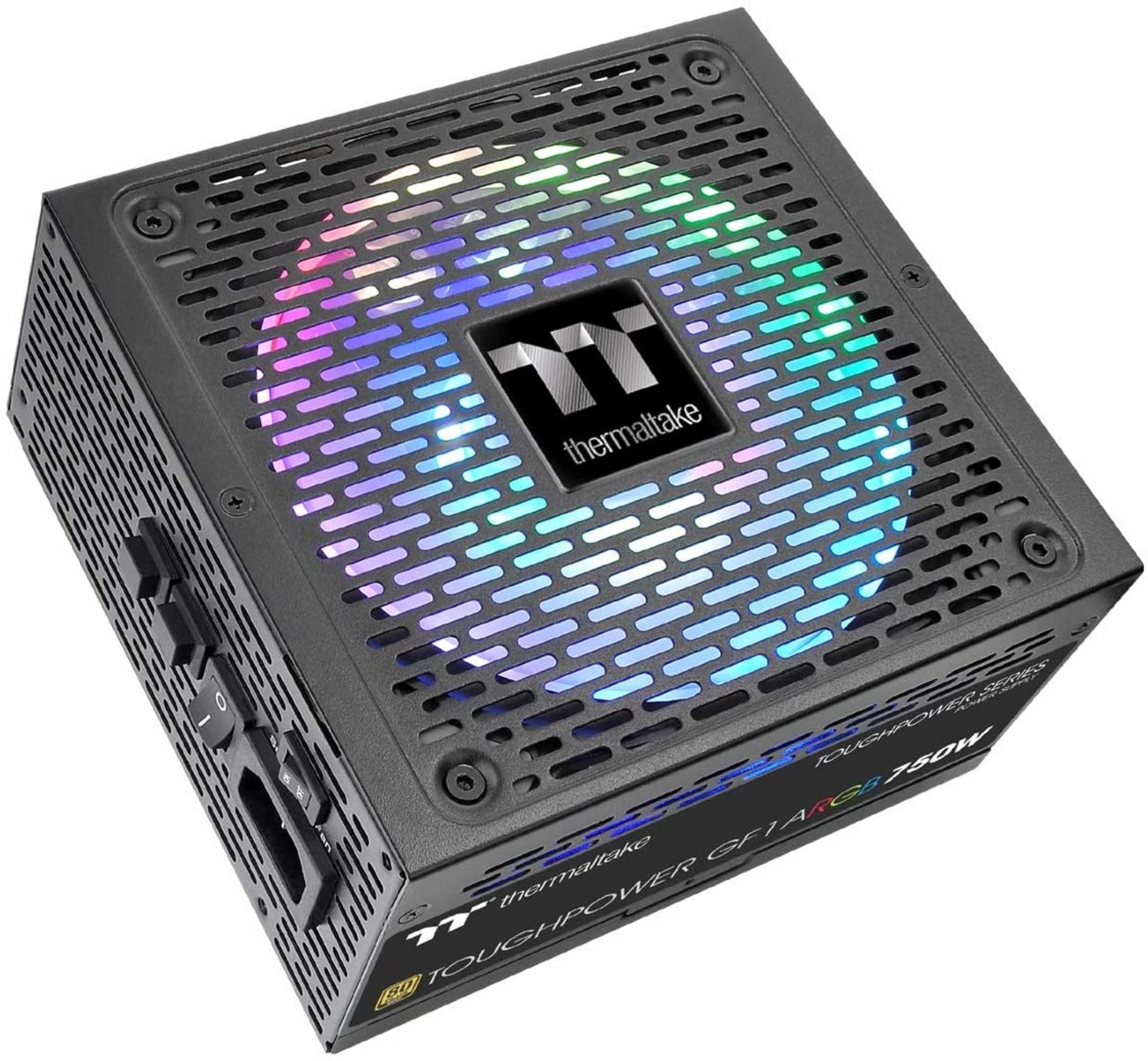 Black power supply with RGB fan and Thermaltake logo.