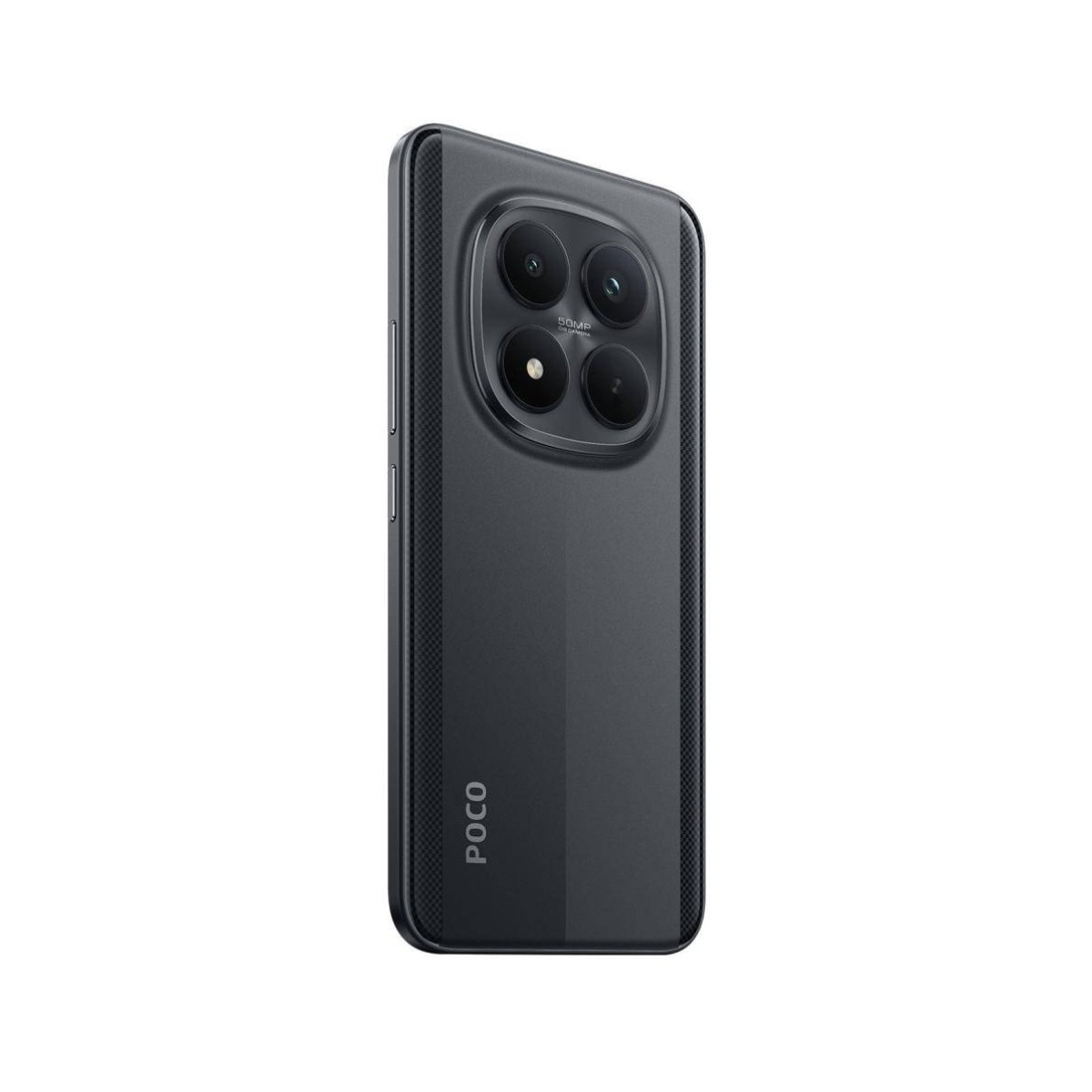 Dunkelgraues Smartphone mit vierfacher Kamera-Einheit und POCO-Logo auf der Rückseite.