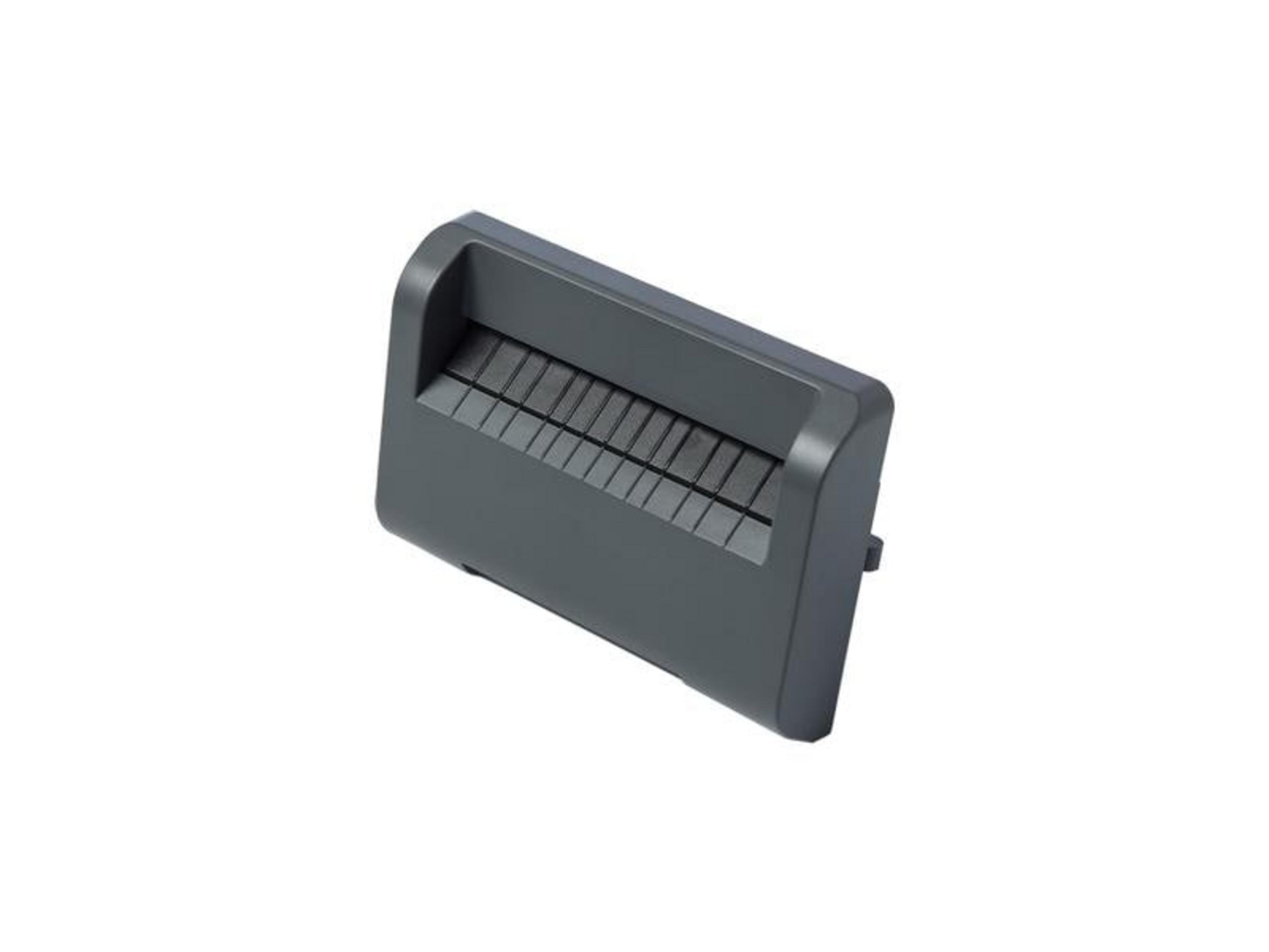 Szare, prostokątne urządzenie z otworami, na białym tle.