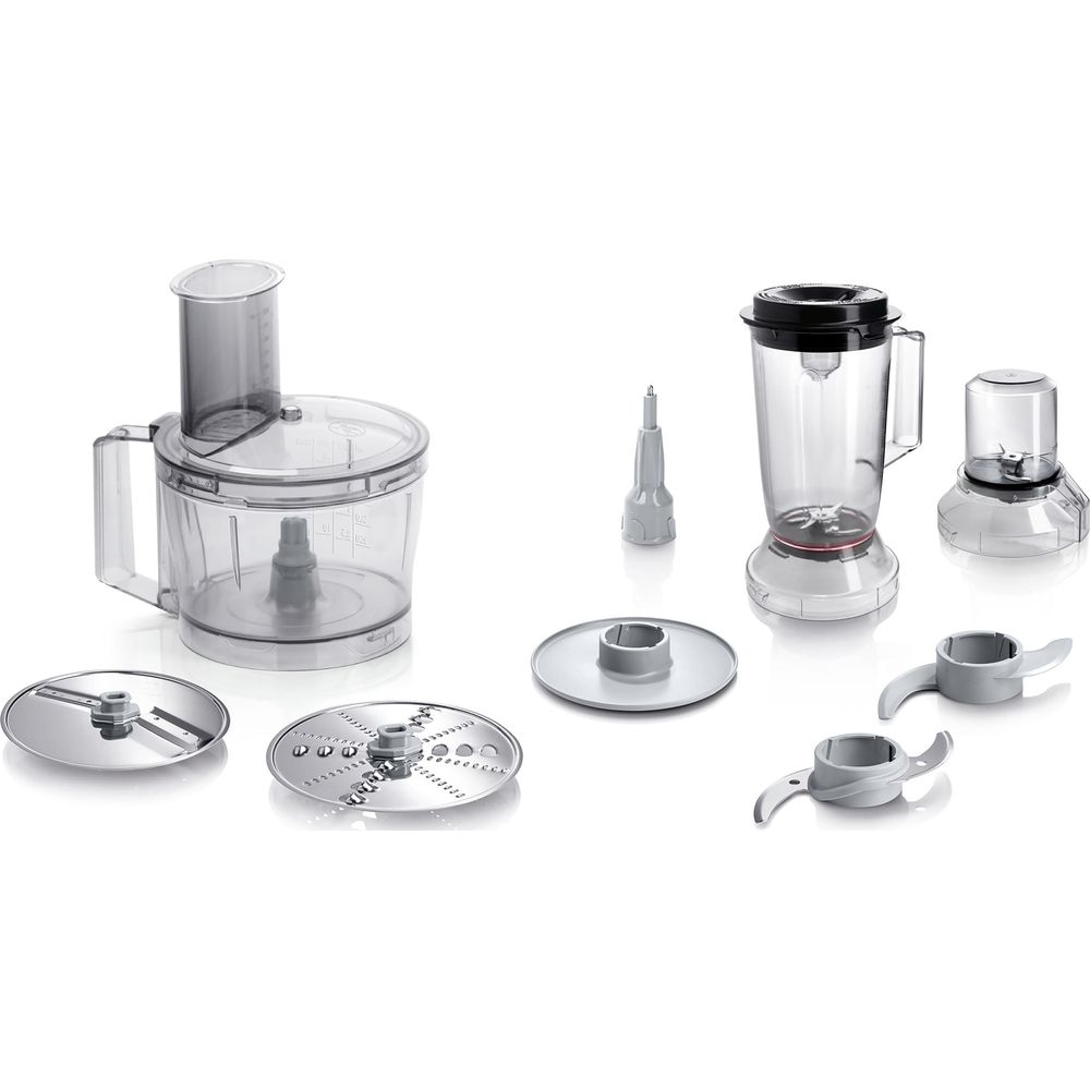 Akcesoria robota kuchennego: pojemnik, ostrza, nasadki i dzbanek blendera.