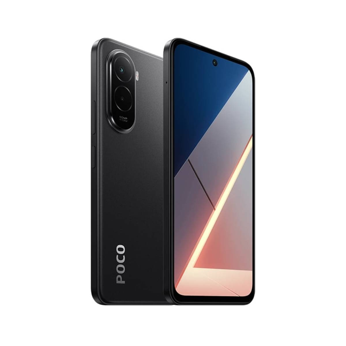 Schwarzes Smartphone mit POCO-Logo und dreifacher Kamera auf der Rückseite.