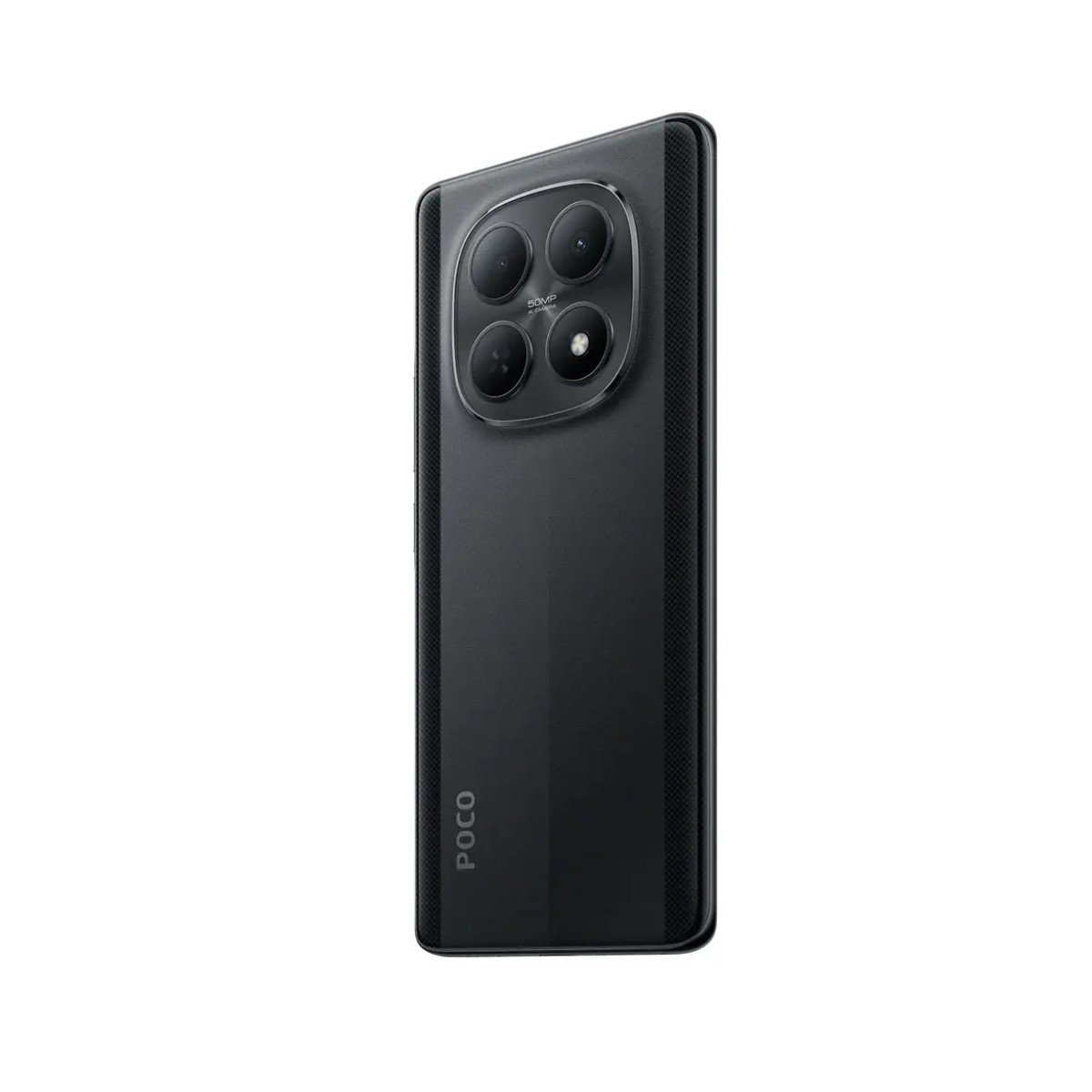Vista posteriore di uno smartphone nero con quattro fotocamere e logo POCO.