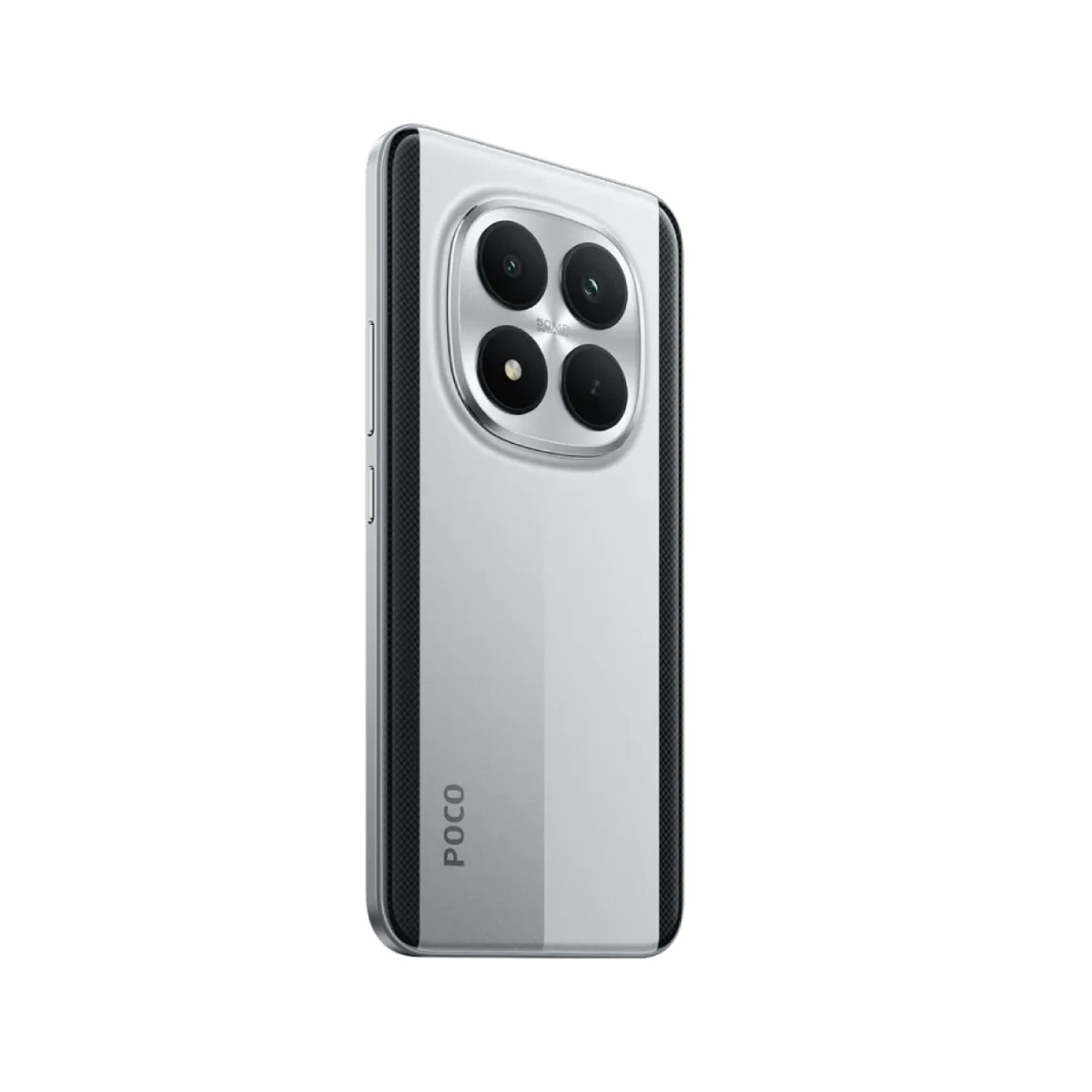 Silbernes Smartphone mit vier Kameras auf der Rückseite und dem POCO-Logo.