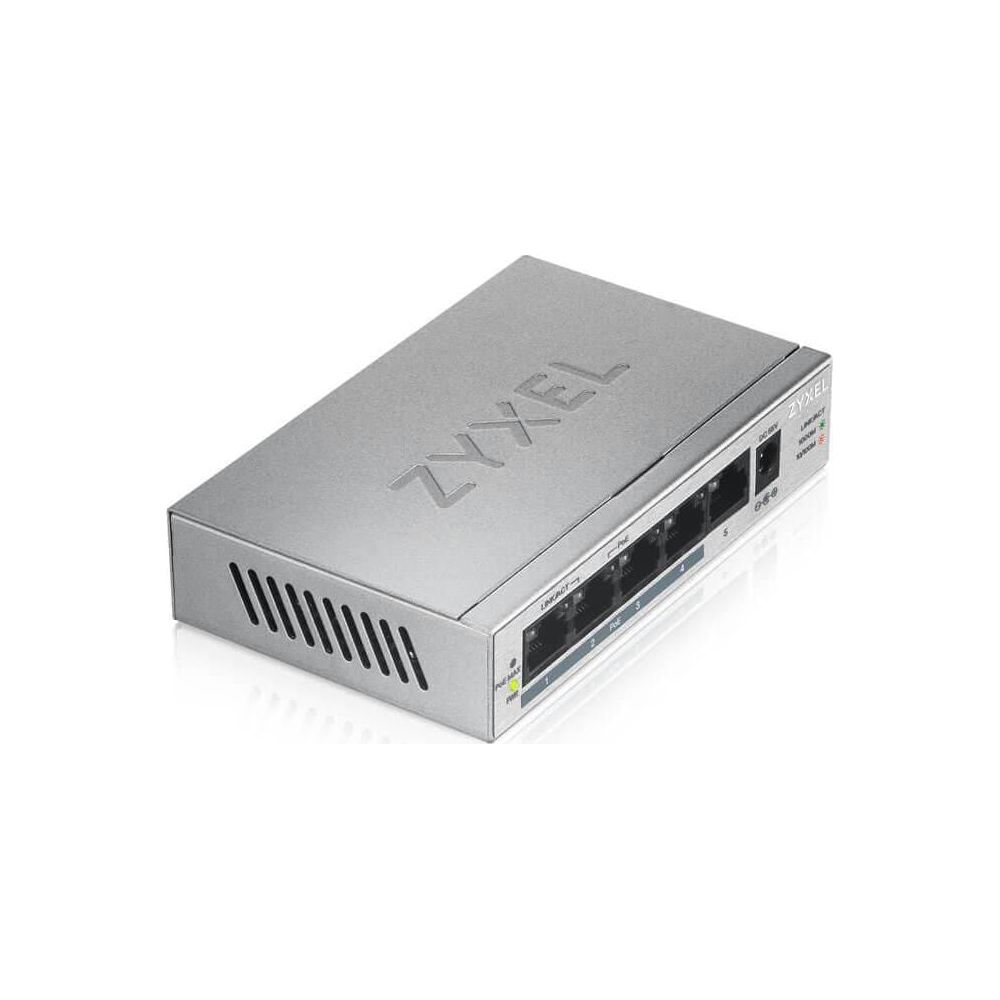 Srebrny 5-portowy przełącznik sieciowy Zyxel na białym tle.