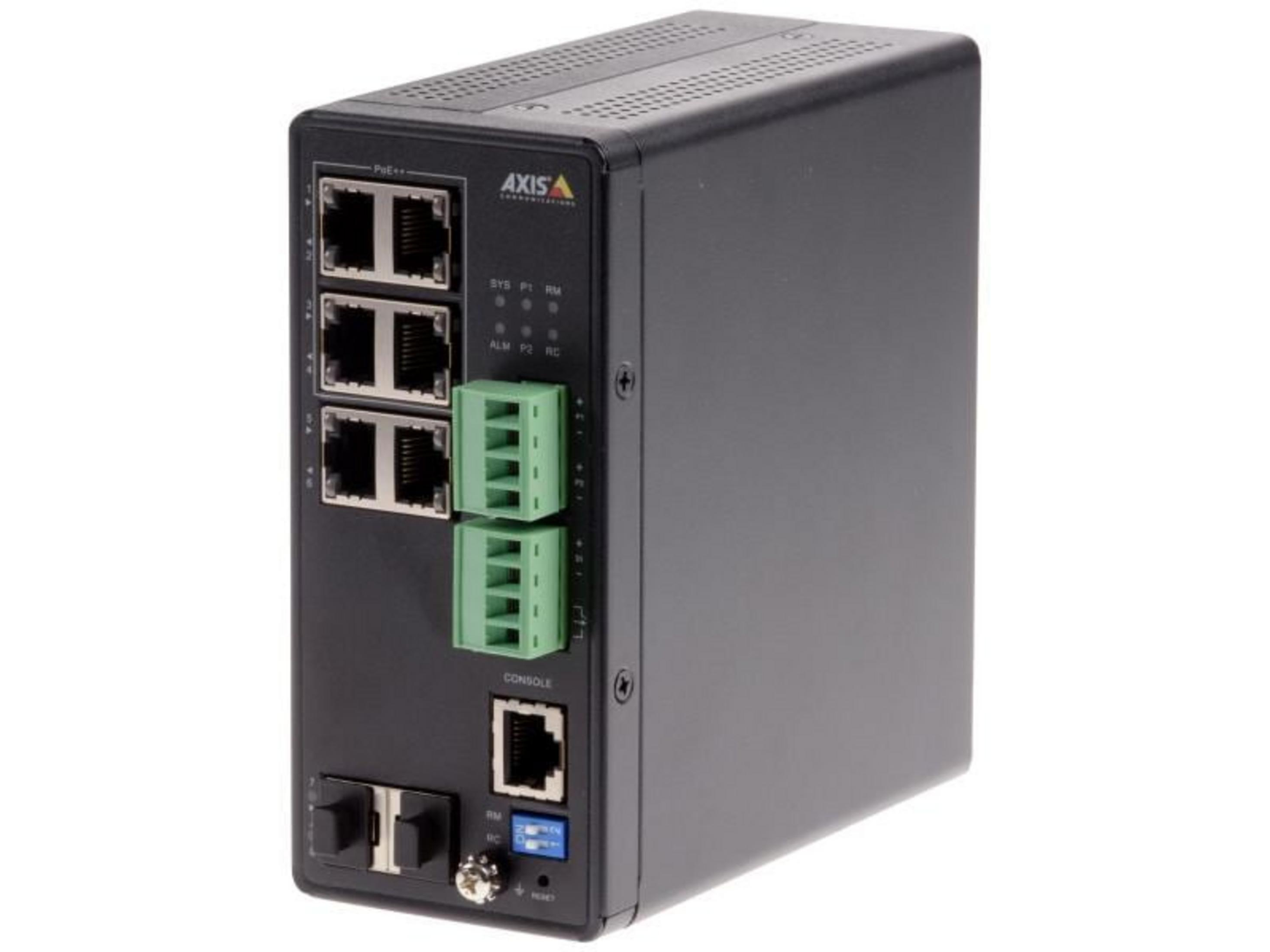 Czarne urządzenie komunikacyjne AXIS z portami Ethernet i zielonymi złączami.