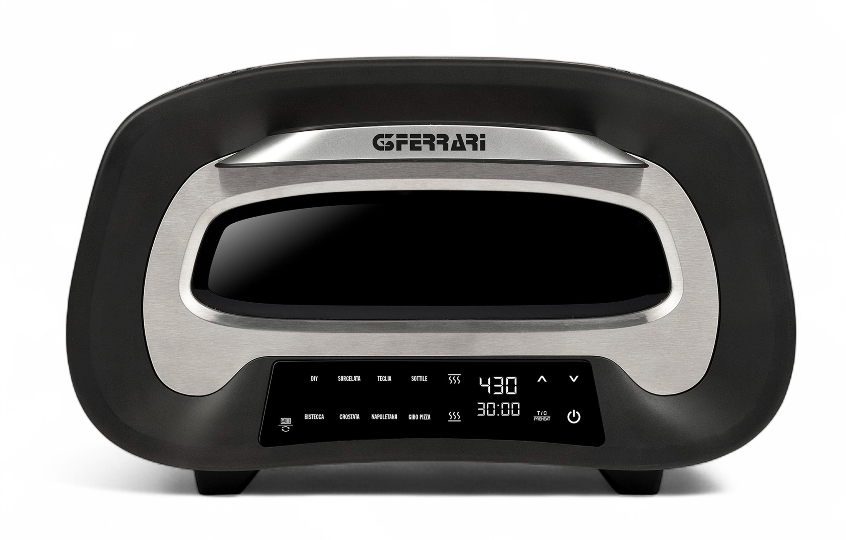 Un forno per pizza nero con accenti argentati e display digitale.