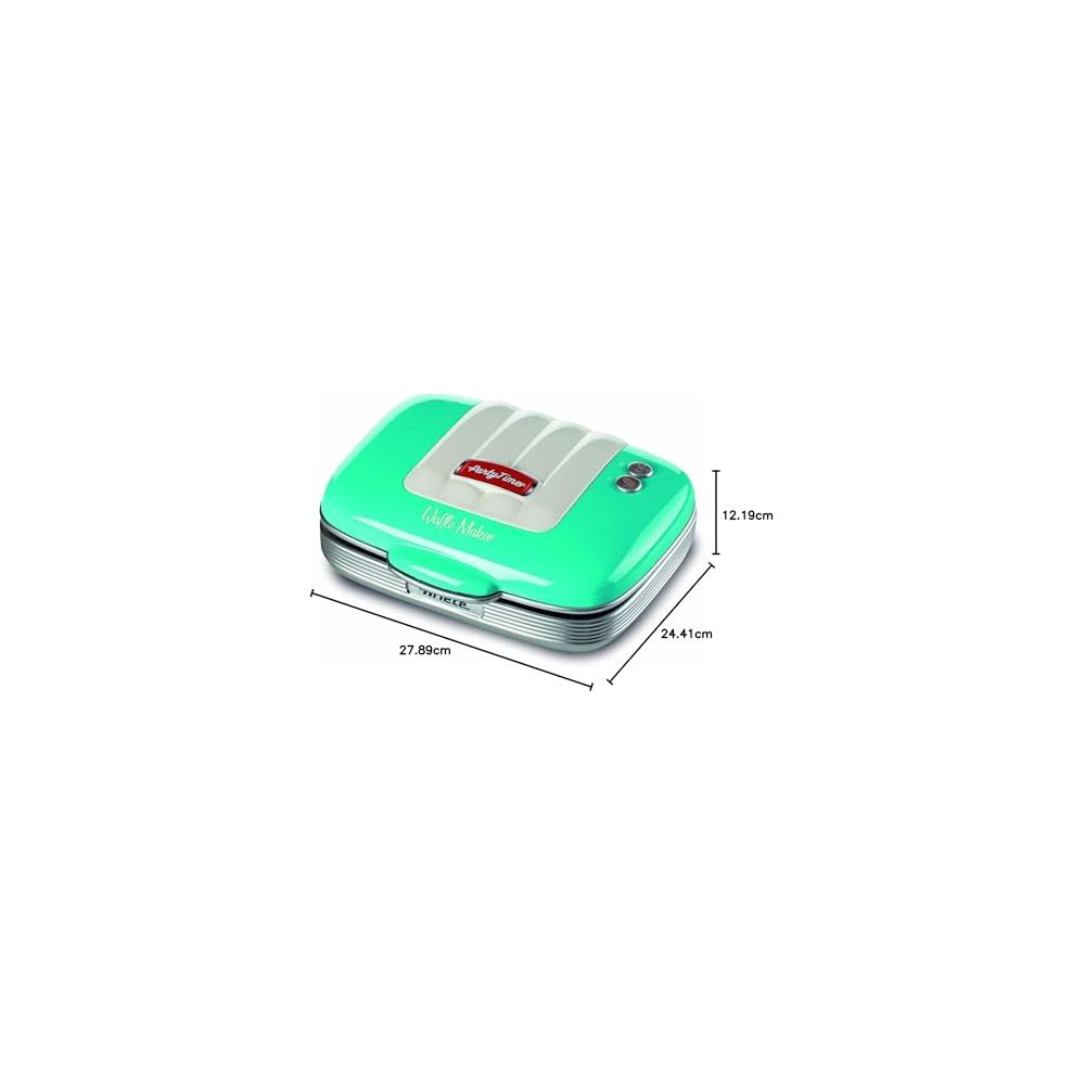 Een turquoise wafelmaker met chromen accenten en markeringen.