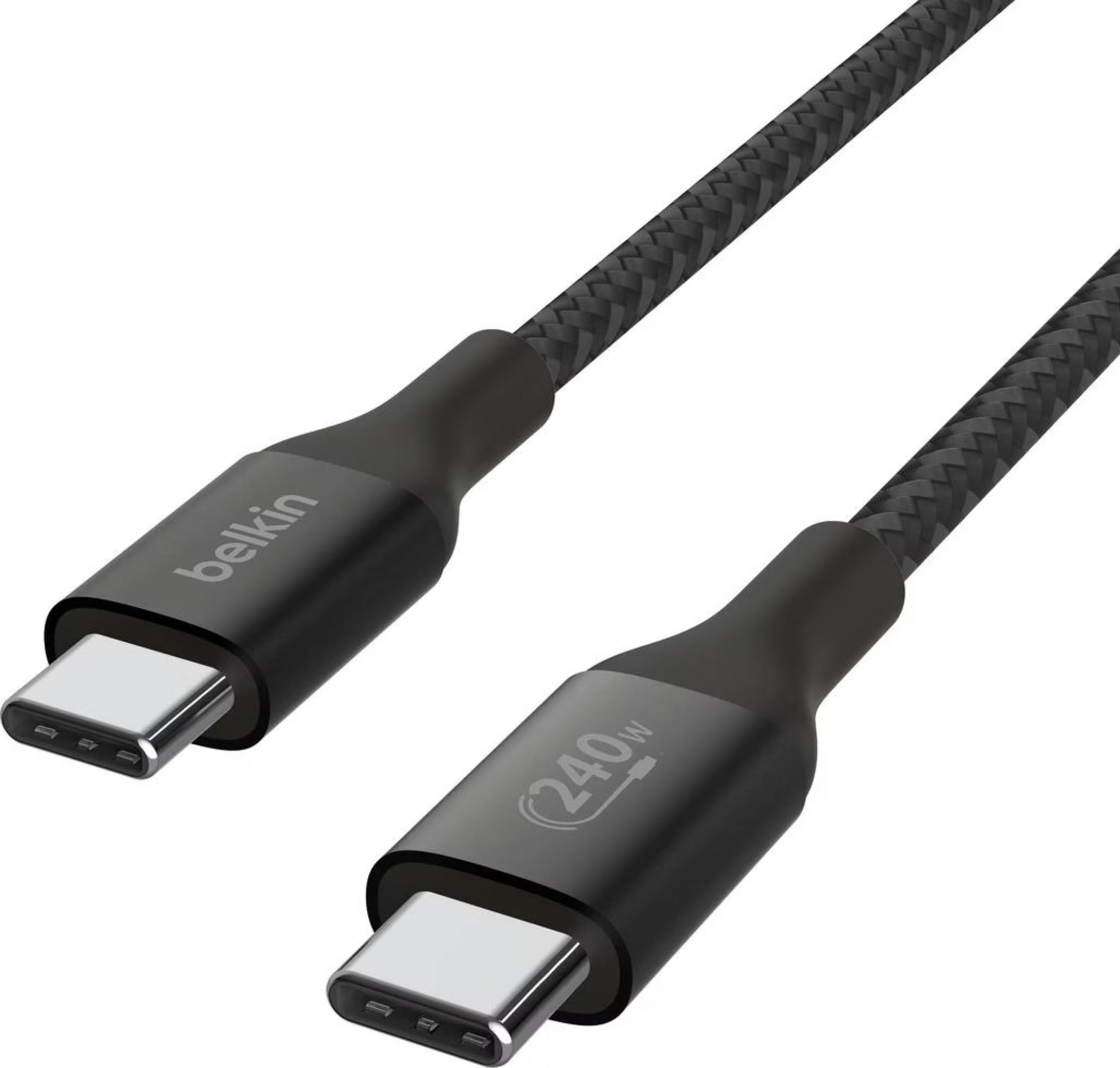 Un cavo USB-C nero con connettori argentati e marcatura 240W.