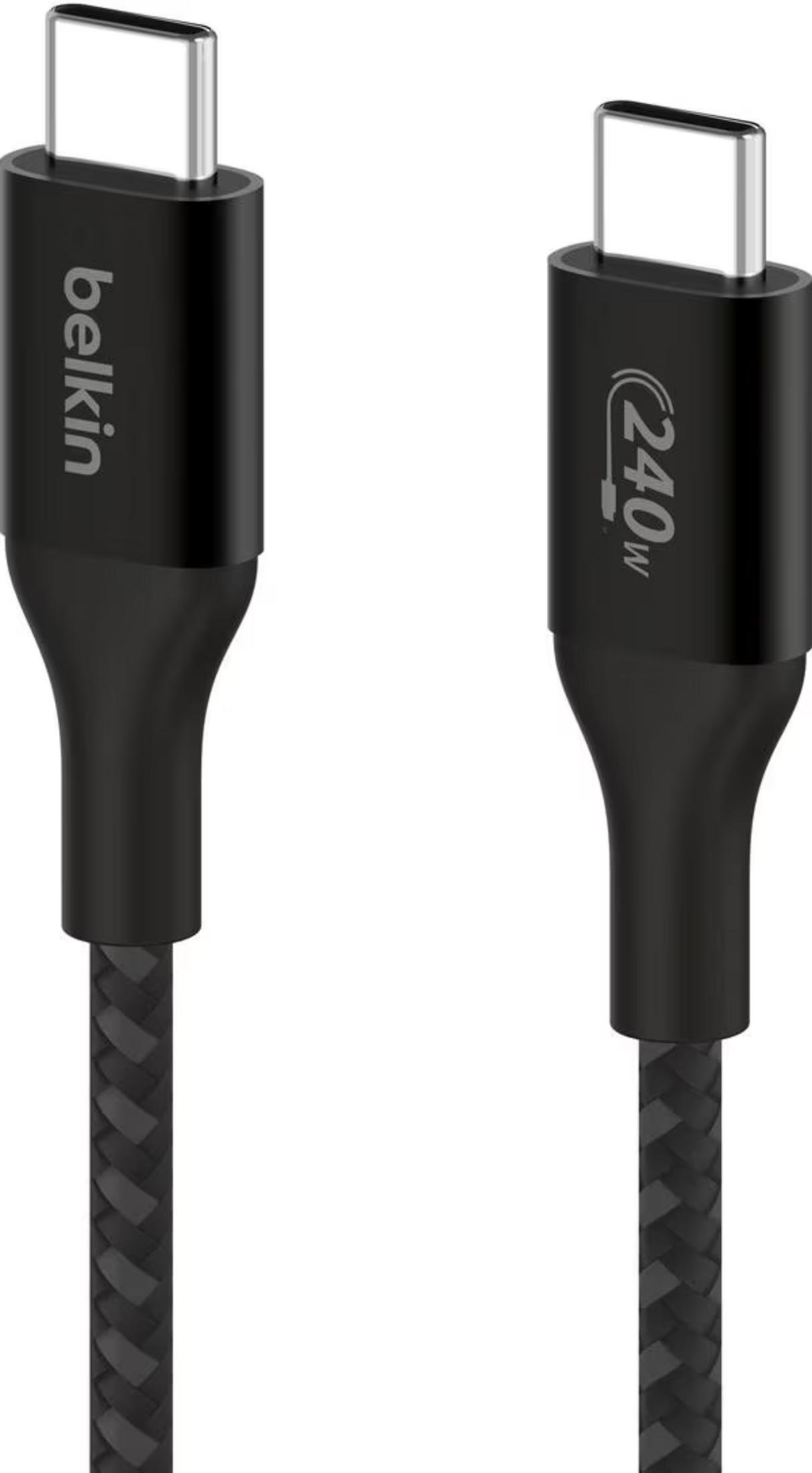 Due cavi USB-C neri con guaina intrecciata e connettori argentati.