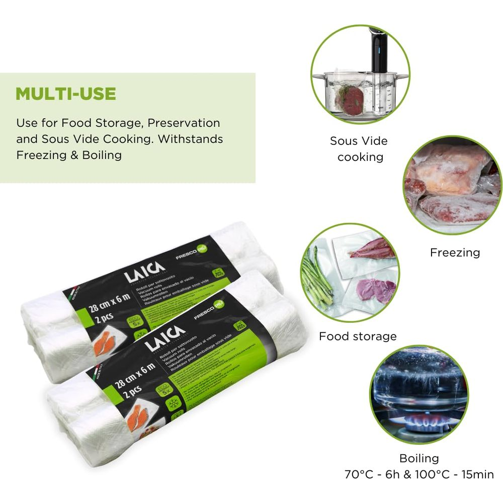 Rollos de envasado al vacío para alimentos, sous vide y cocción. Imágenes muestran usos.