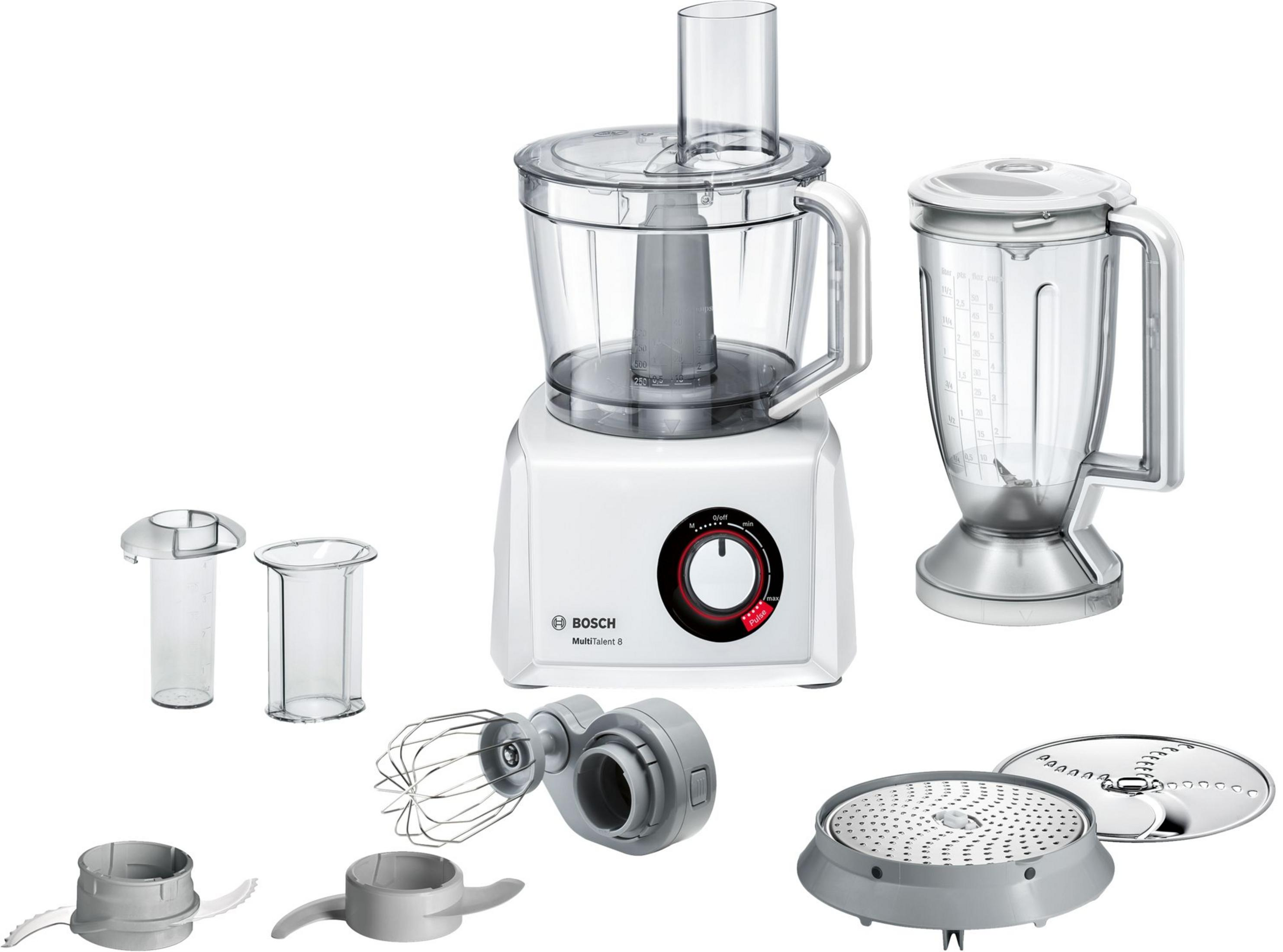 Ein weißer Bosch Küchenmaschinen-Aufsatz mit Mixer, Schüssel und Zubehör auf weißem Grund.
