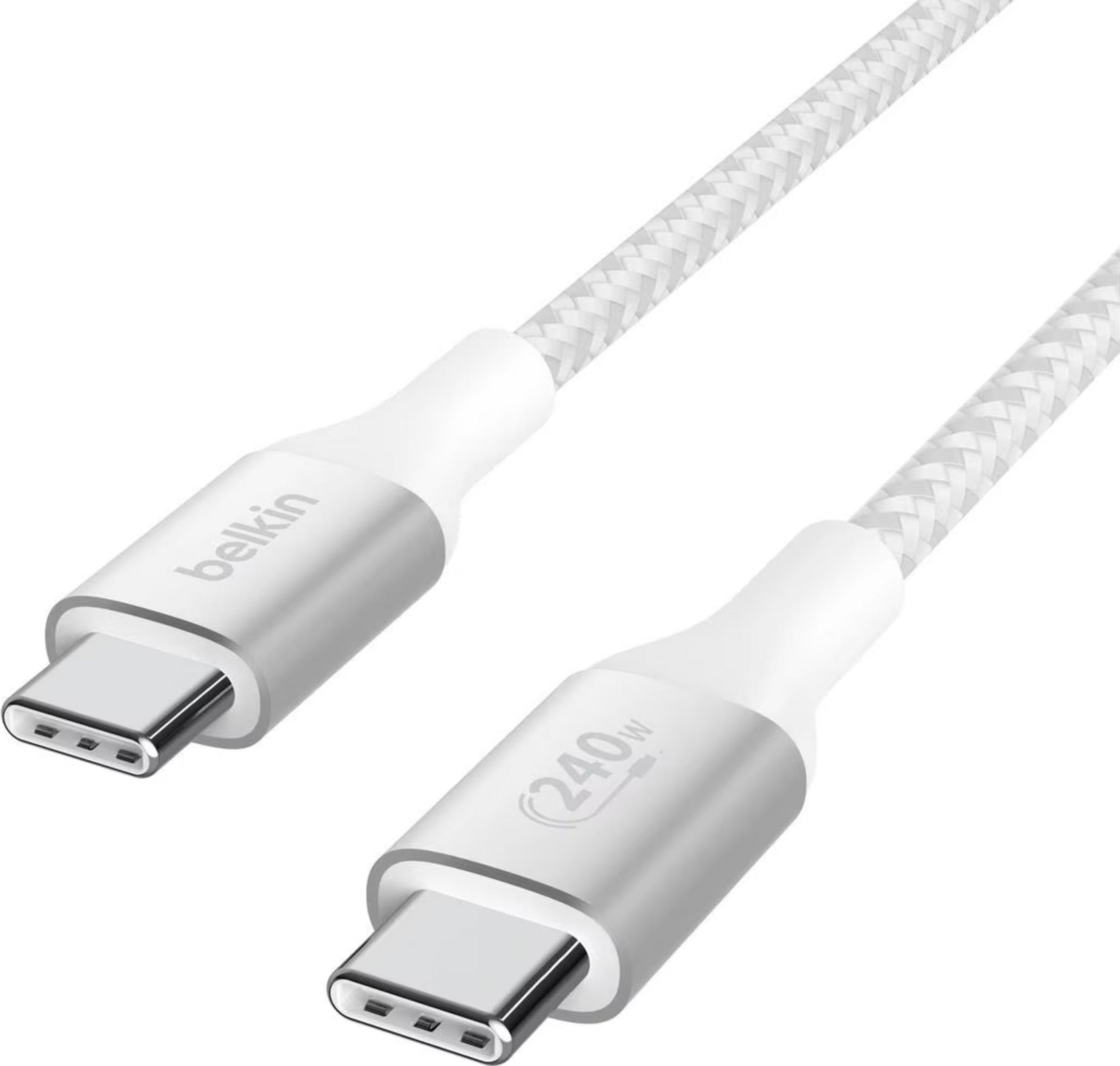 Een witte USB-C kabel met zilveren connectoren, gelabeld 240W.