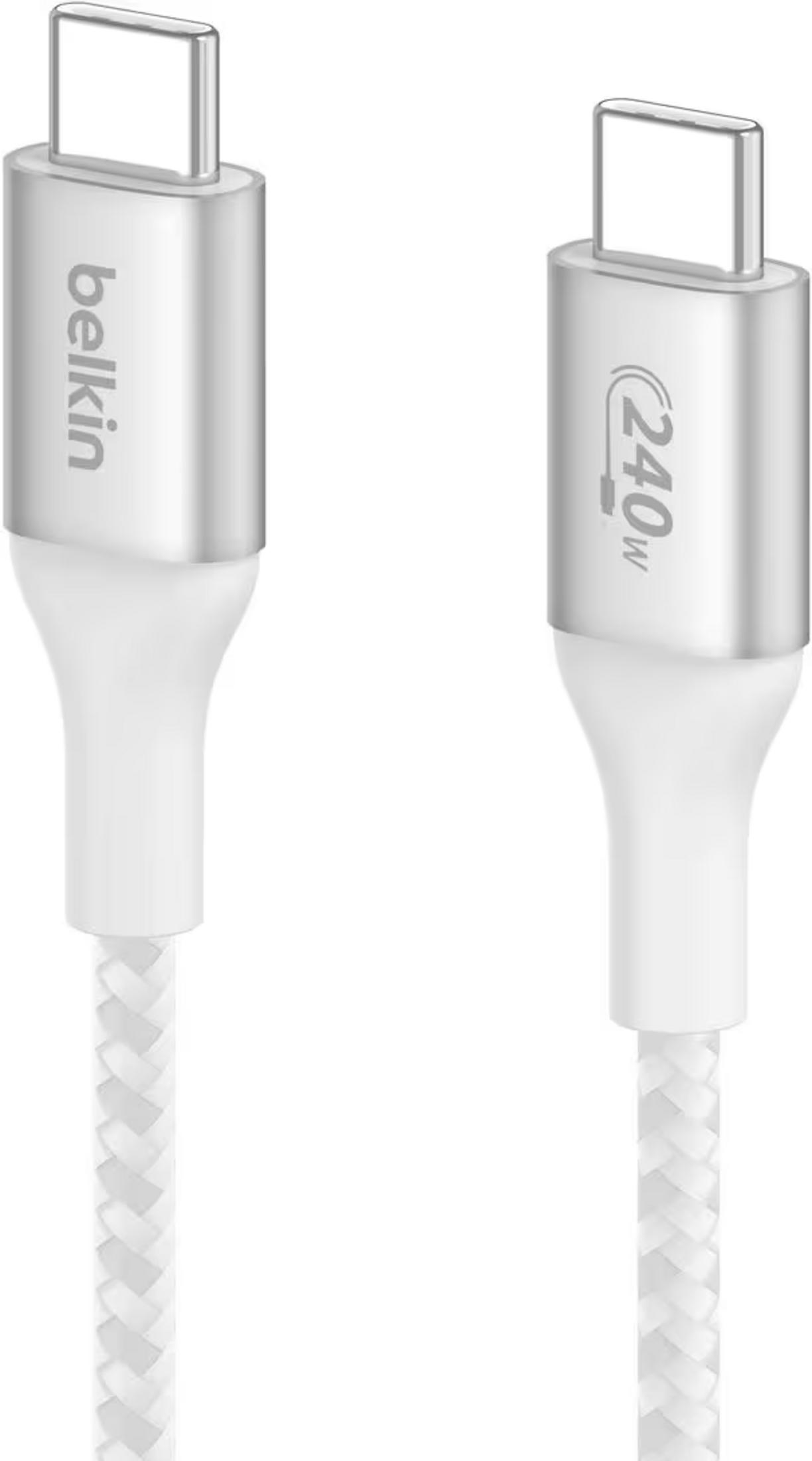 Twee witte USB-C kabels met zilveren connectoren. Eén is van het merk Belkin.