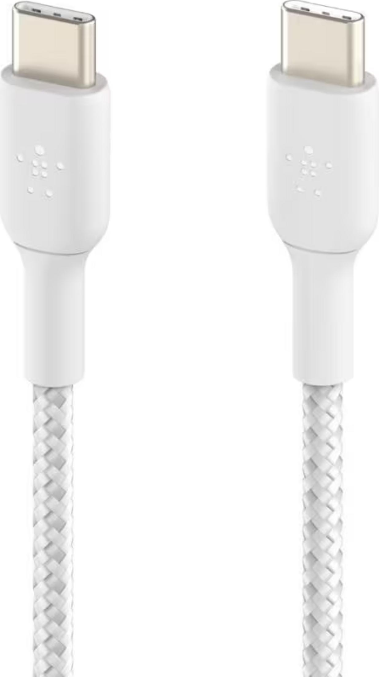 Due cavi USB-C bianchi con connettori argentati su sfondo bianco.