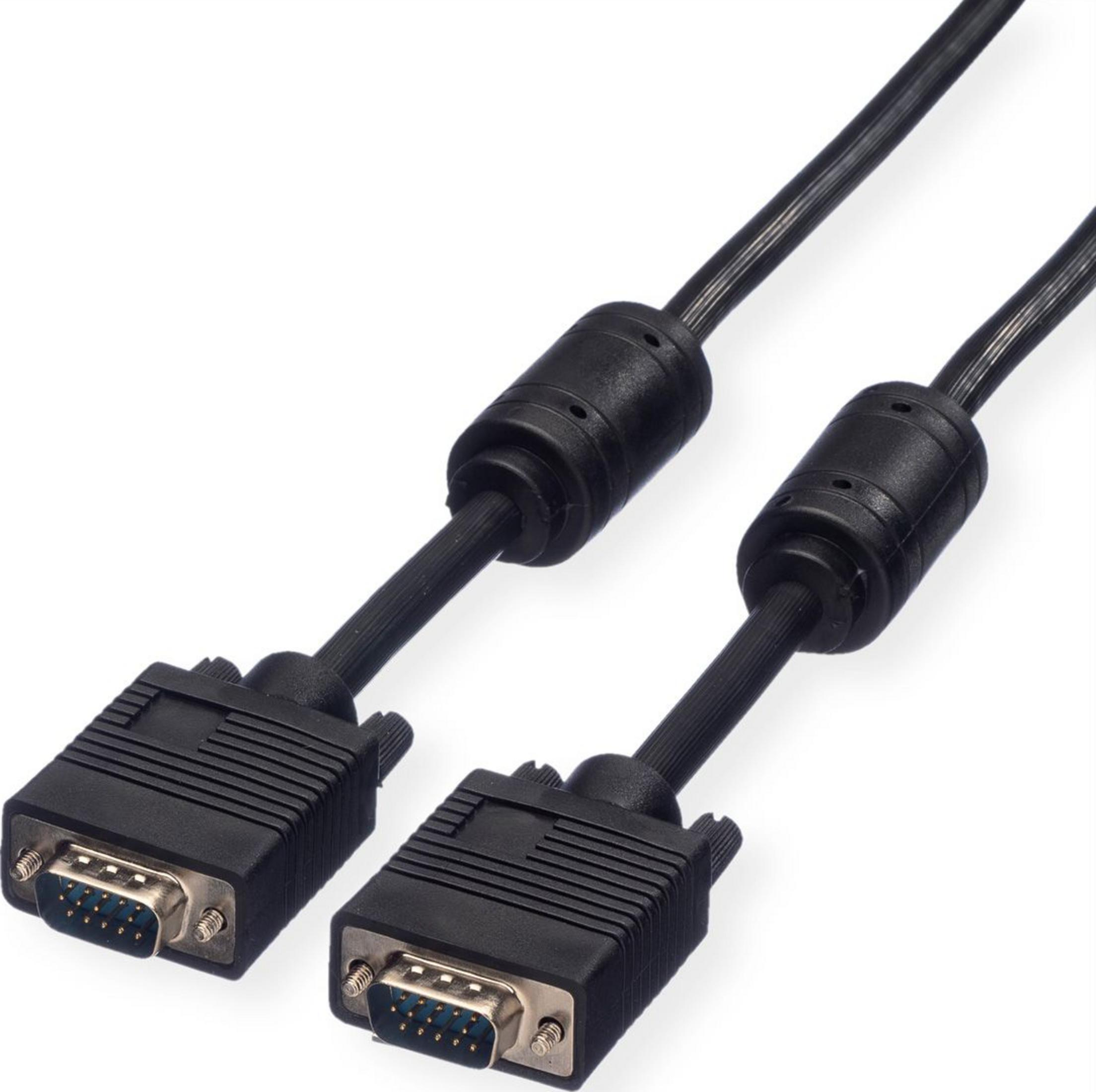 Deux câbles VGA noirs avec noyaux de ferrite et connecteurs bleus.