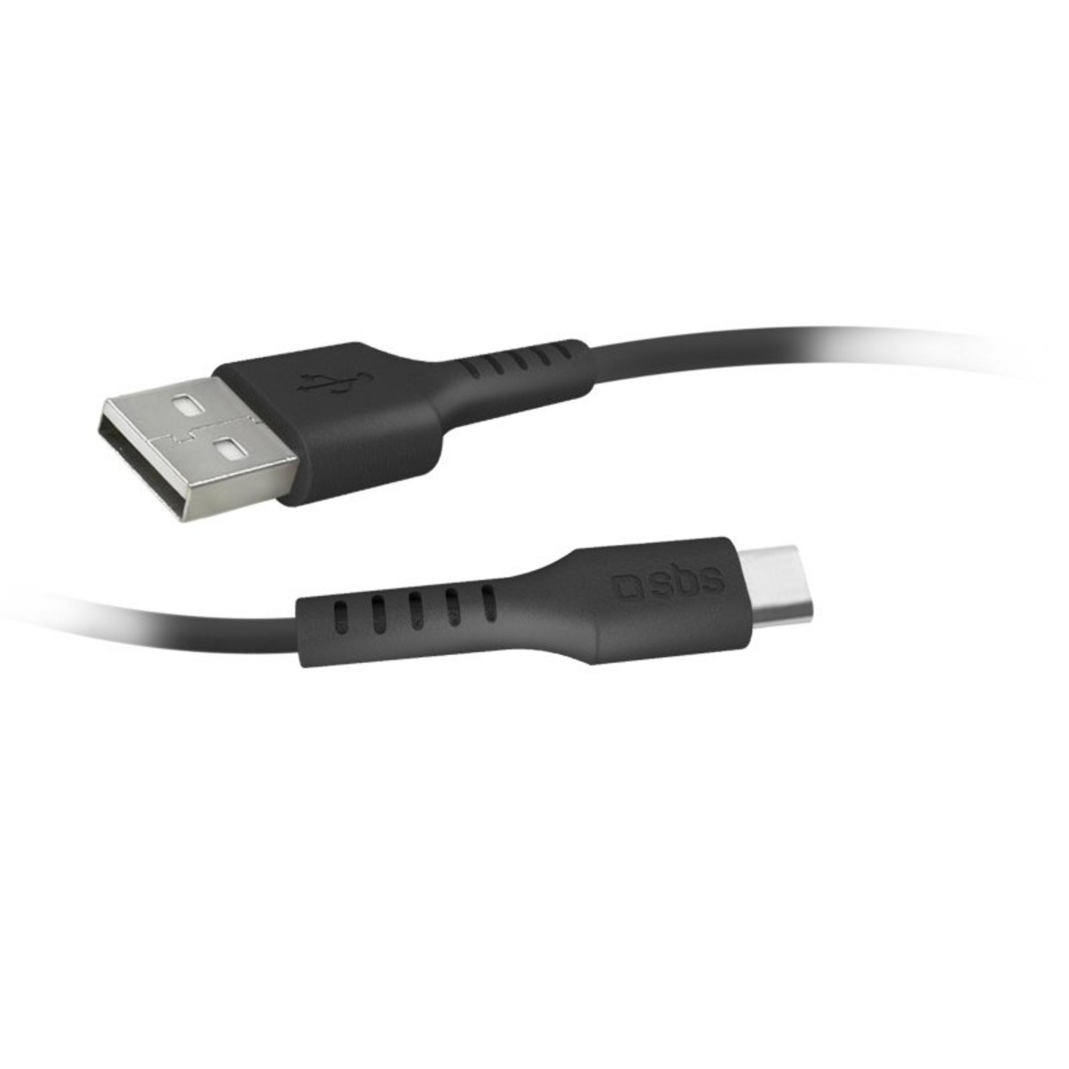 Cable USB-A a USB-C negro con conectores plateados, sobre fondo blanco.