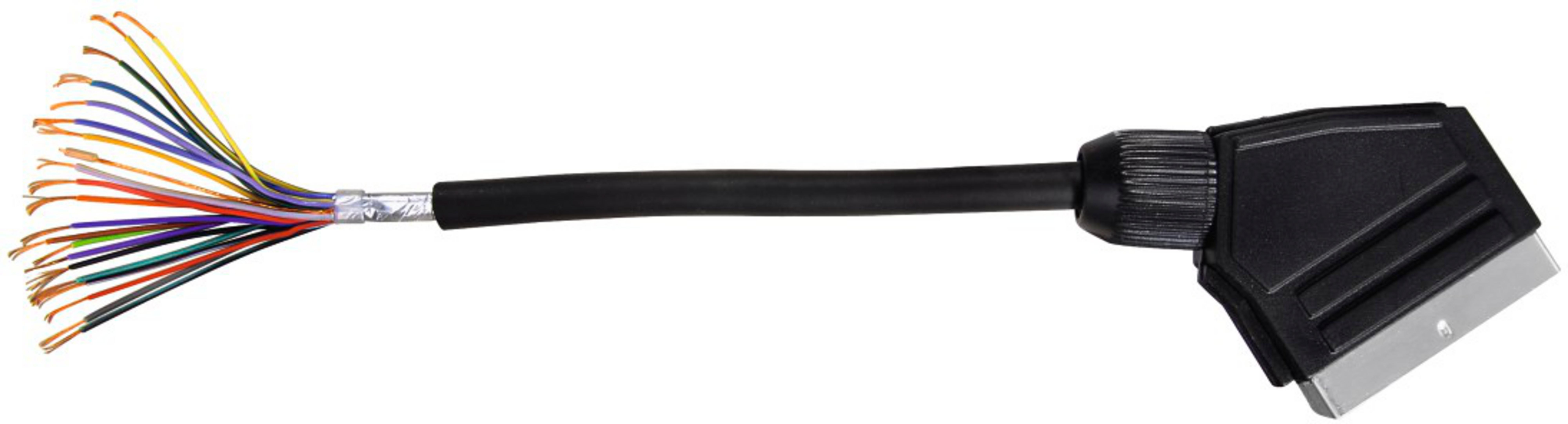 A SCART cable with many colorful, stripped wires at one end and a black connector.