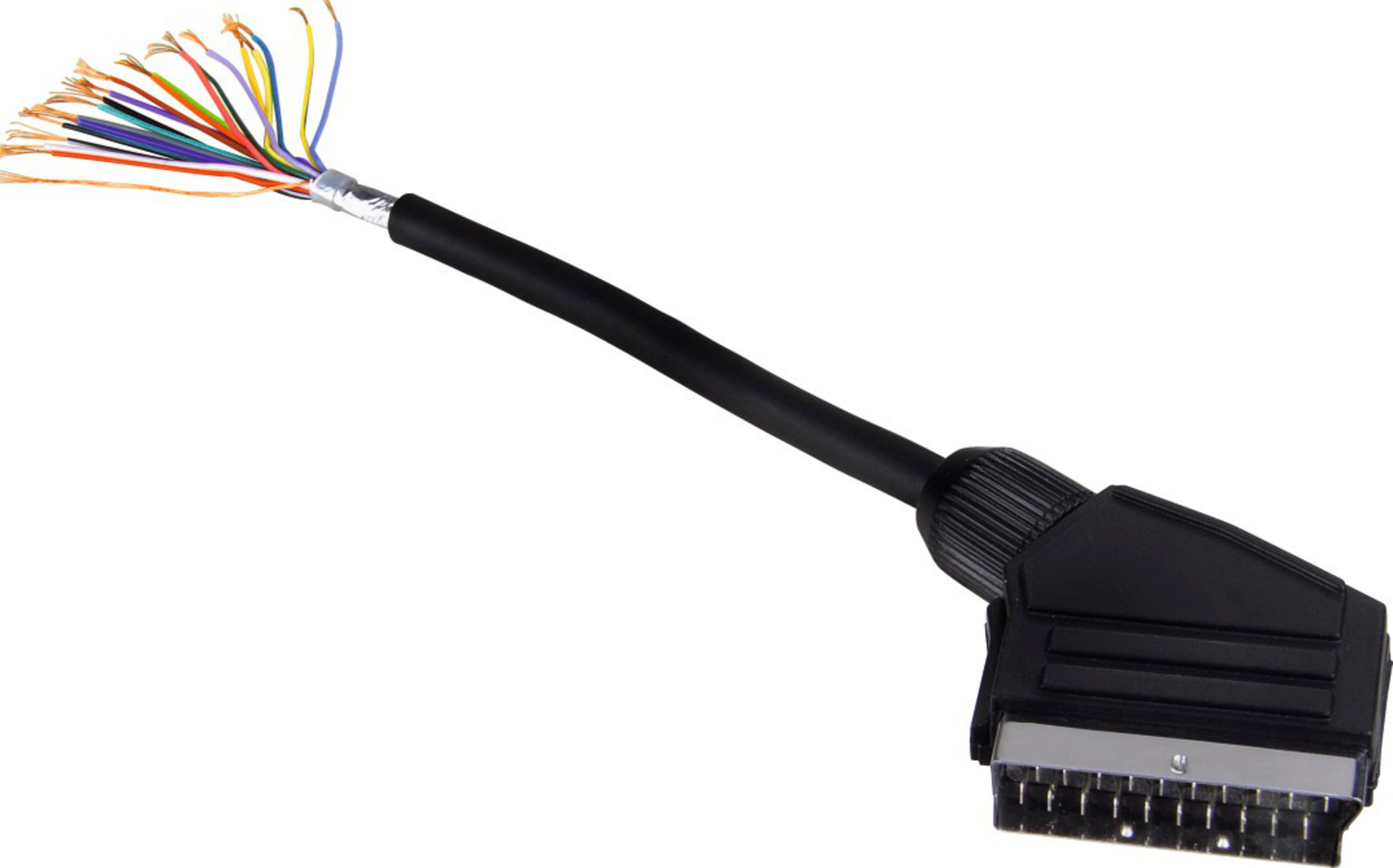 A SCART cable with an exposed end showing many colorful wires.