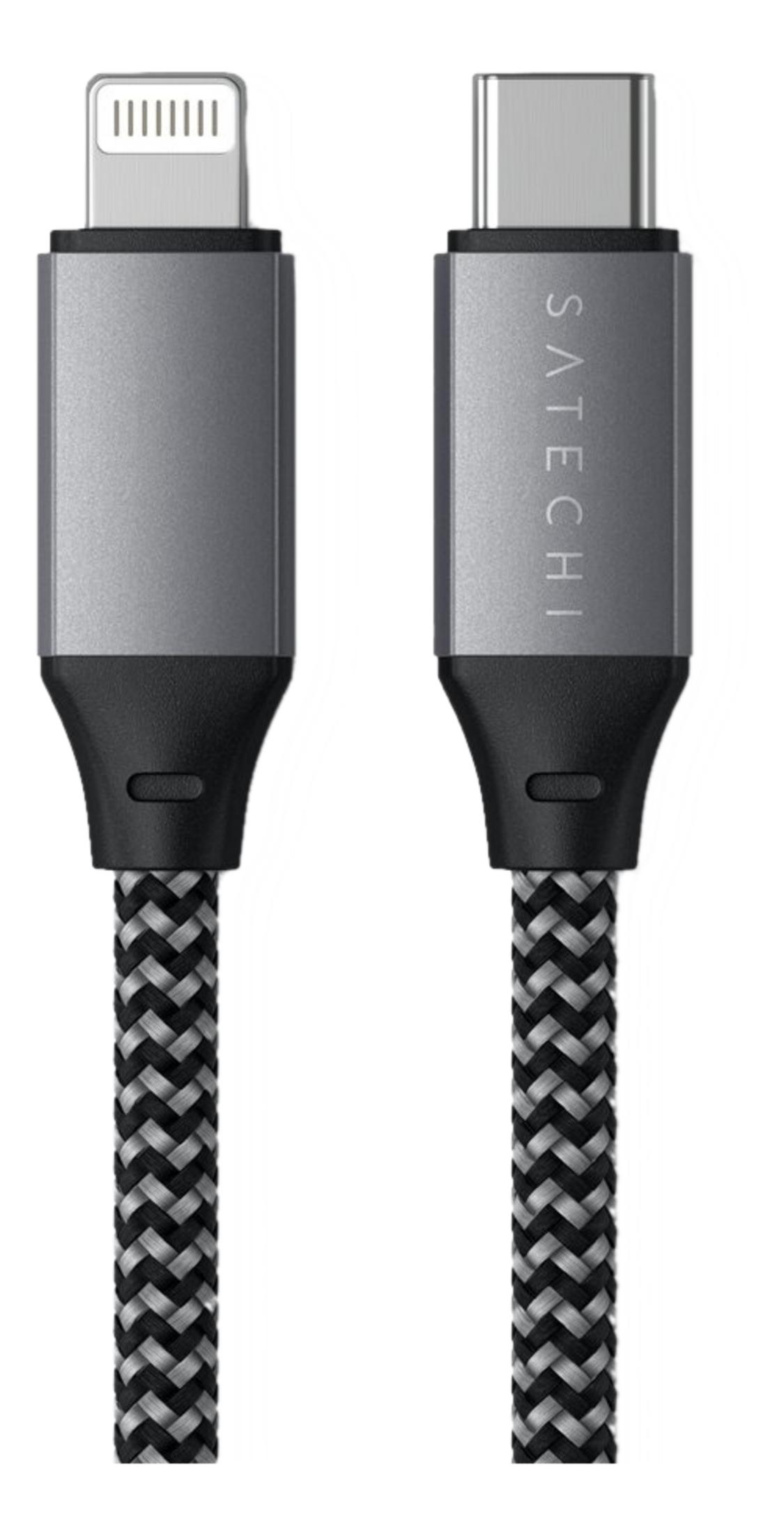Due cavi USB-C e Lightning con motivo intrecciato nero e grigio.