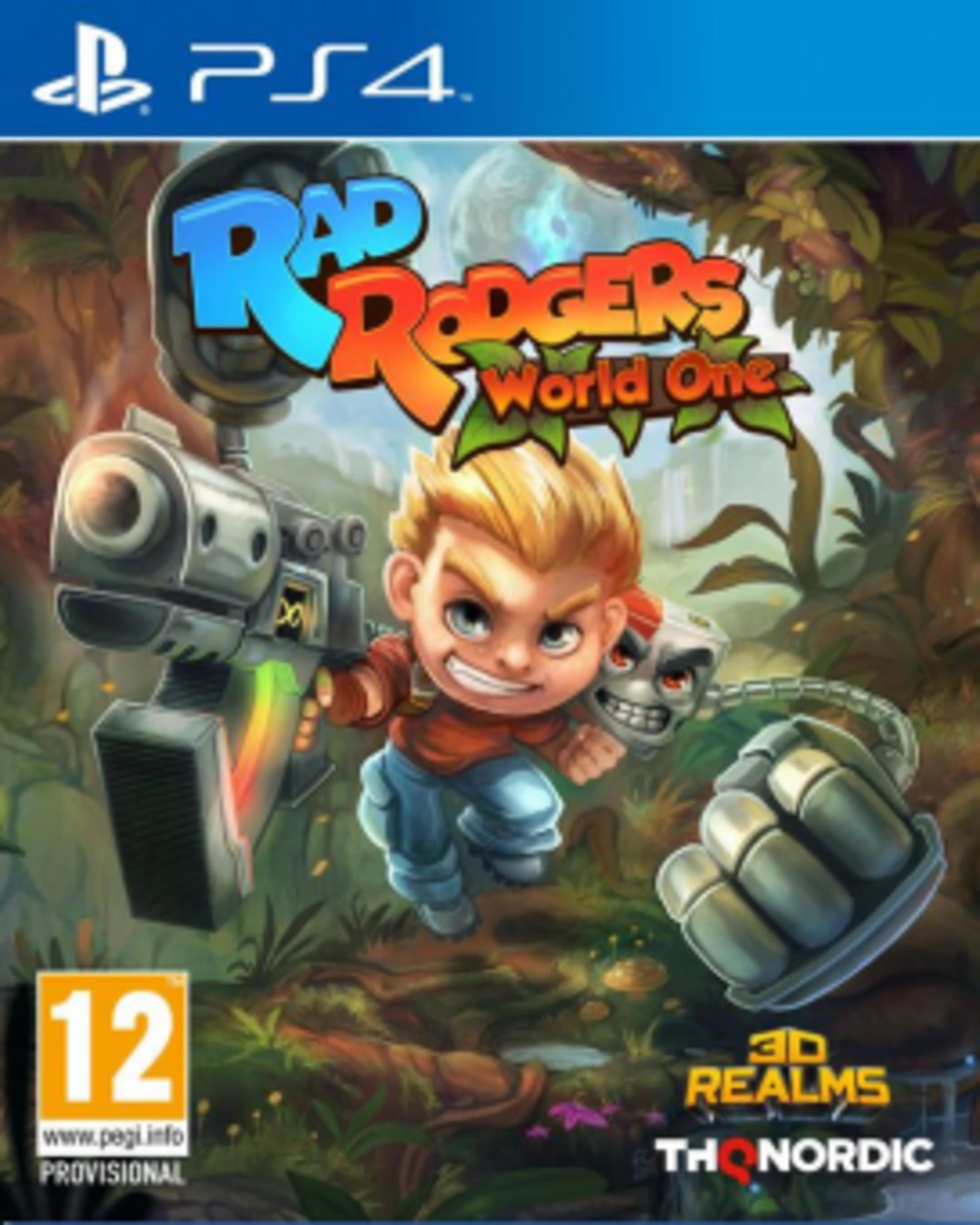 Copertina gioco PS4 Rad Rodgers World One con personaggio, arma e giungla.