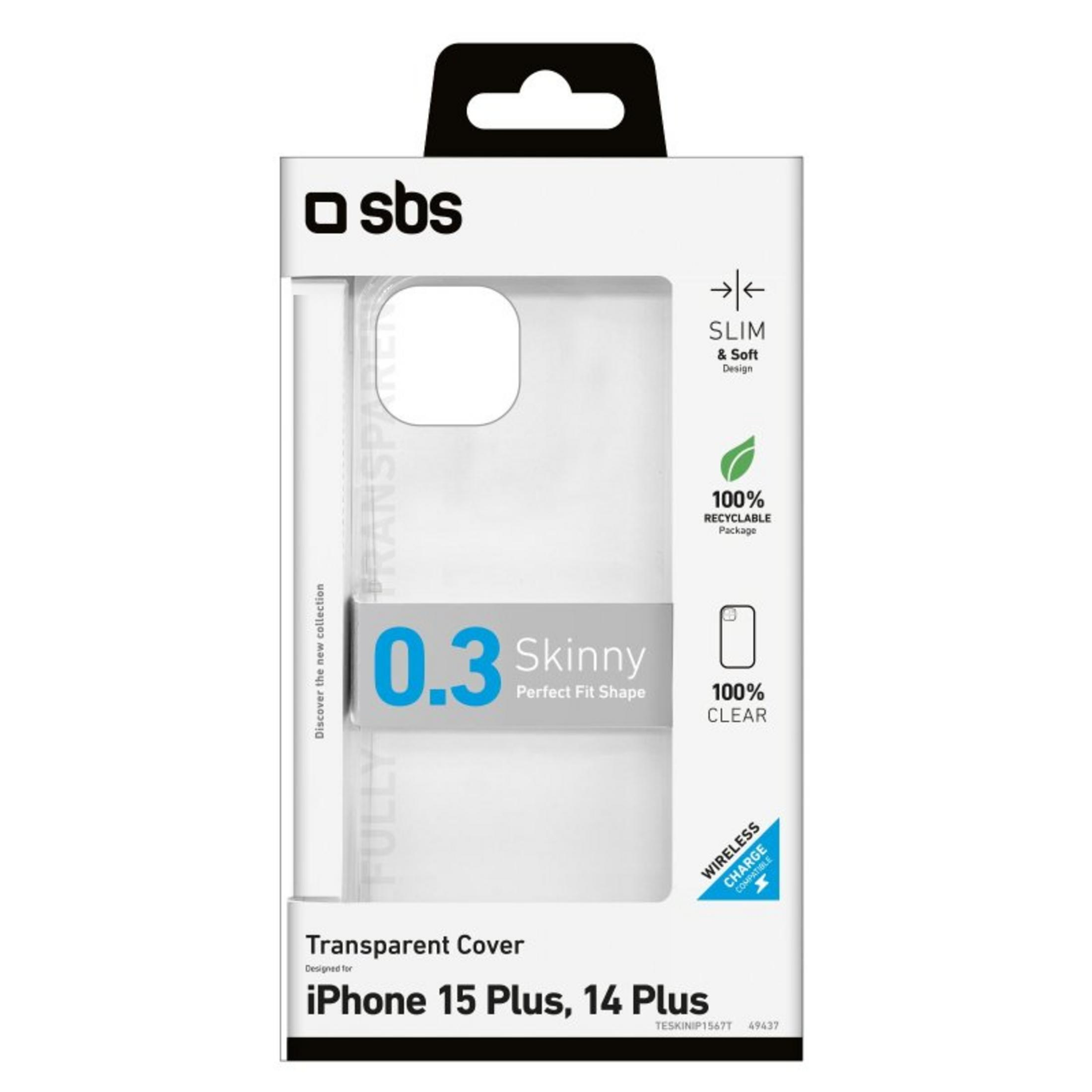 Confezione per cover trasparente iPhone 15 Plus/14 Plus con scritta '0.3 Skinny'.