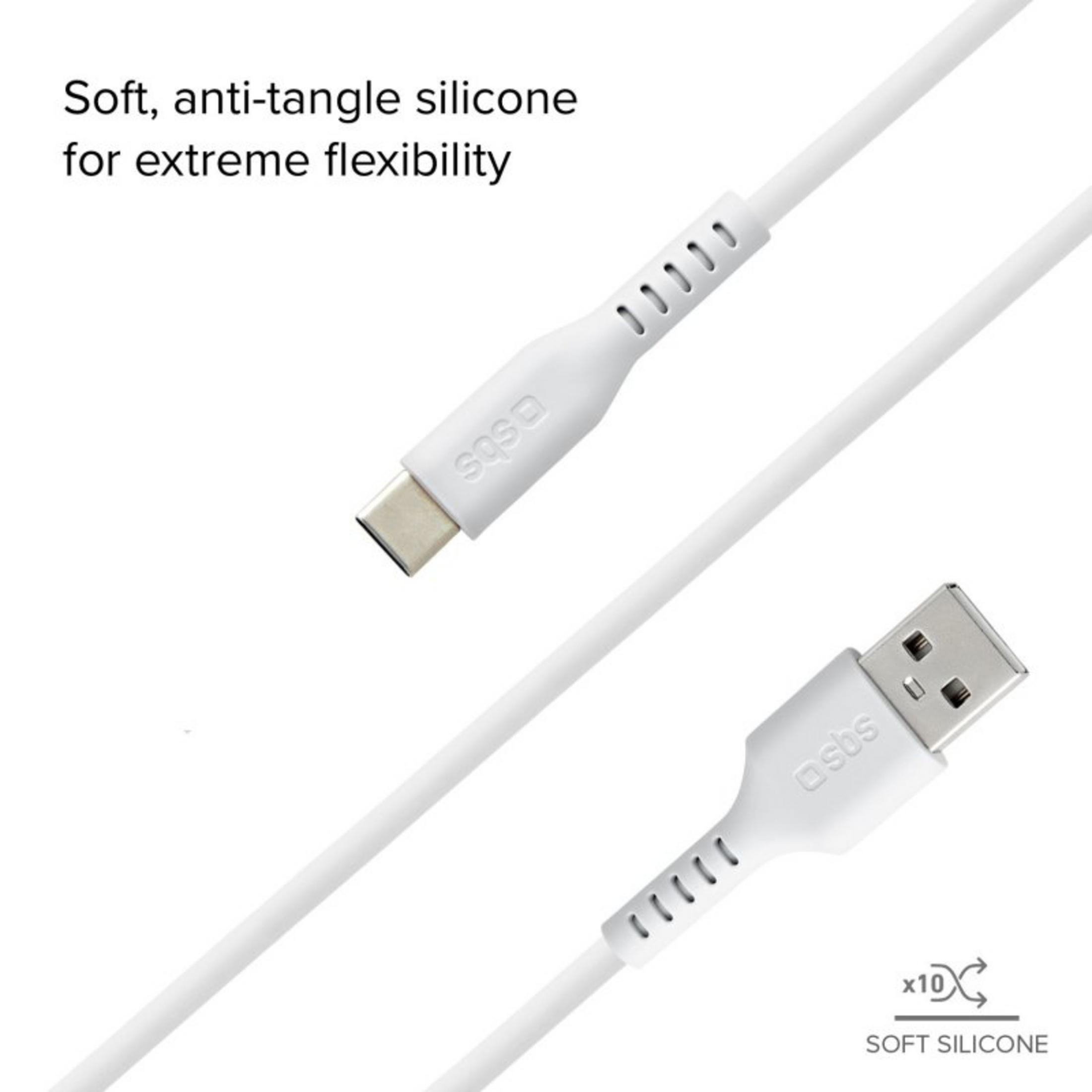 Un cavo bianco da USB-C a USB-A con silicone morbido e logo SBS.