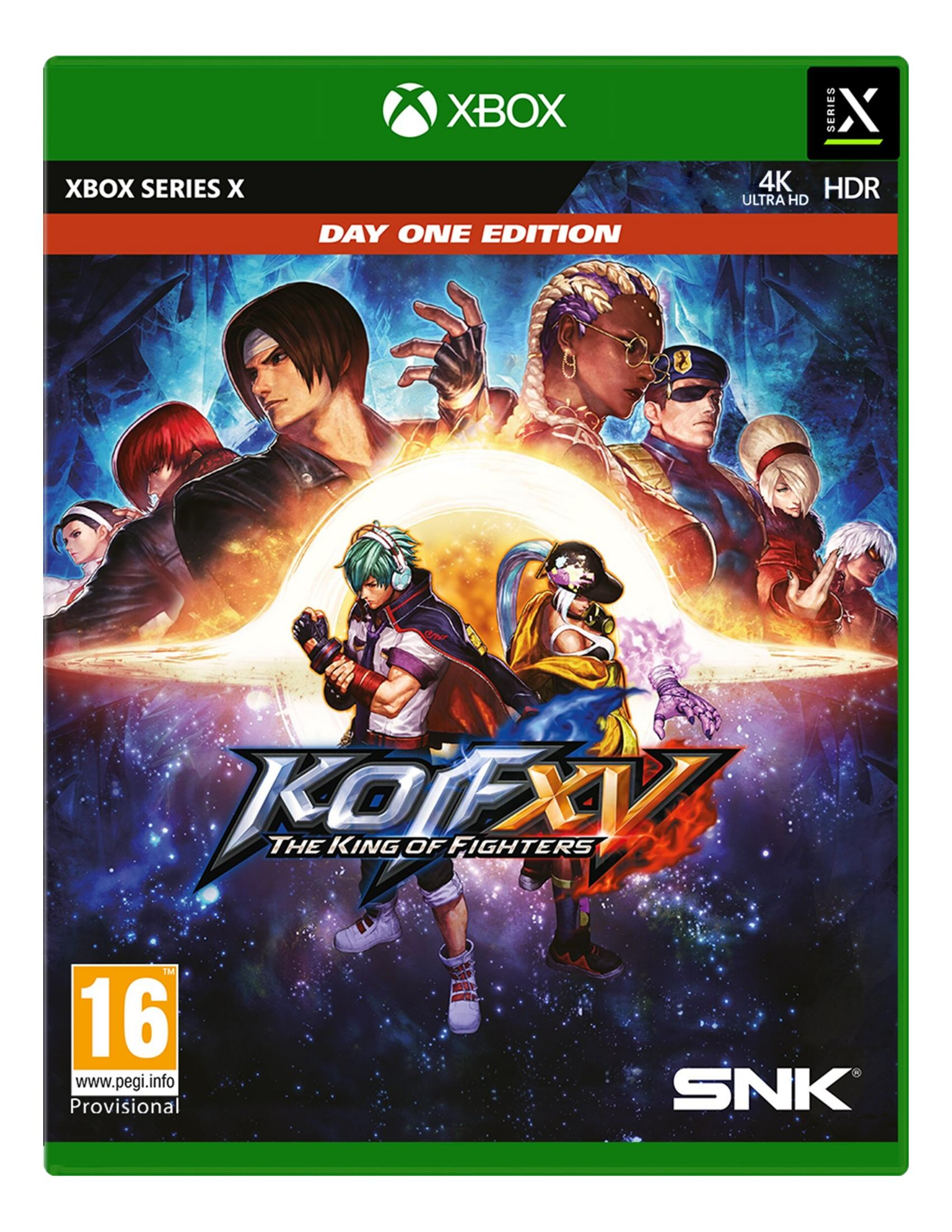 Copertina gioco Xbox Series X KOF XV con personaggi, 4K HDR e PEGI 16.