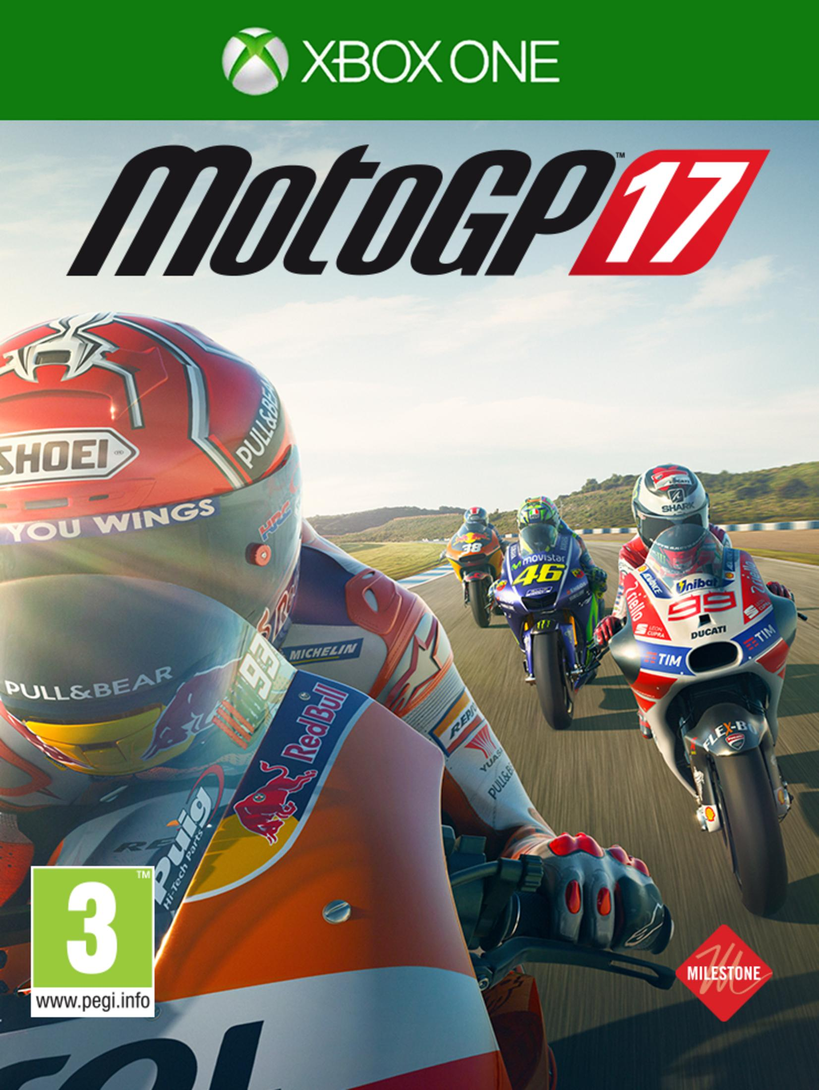 Motociclisti in pista, copertina del gioco MotoGP 17 con logo Xbox One.