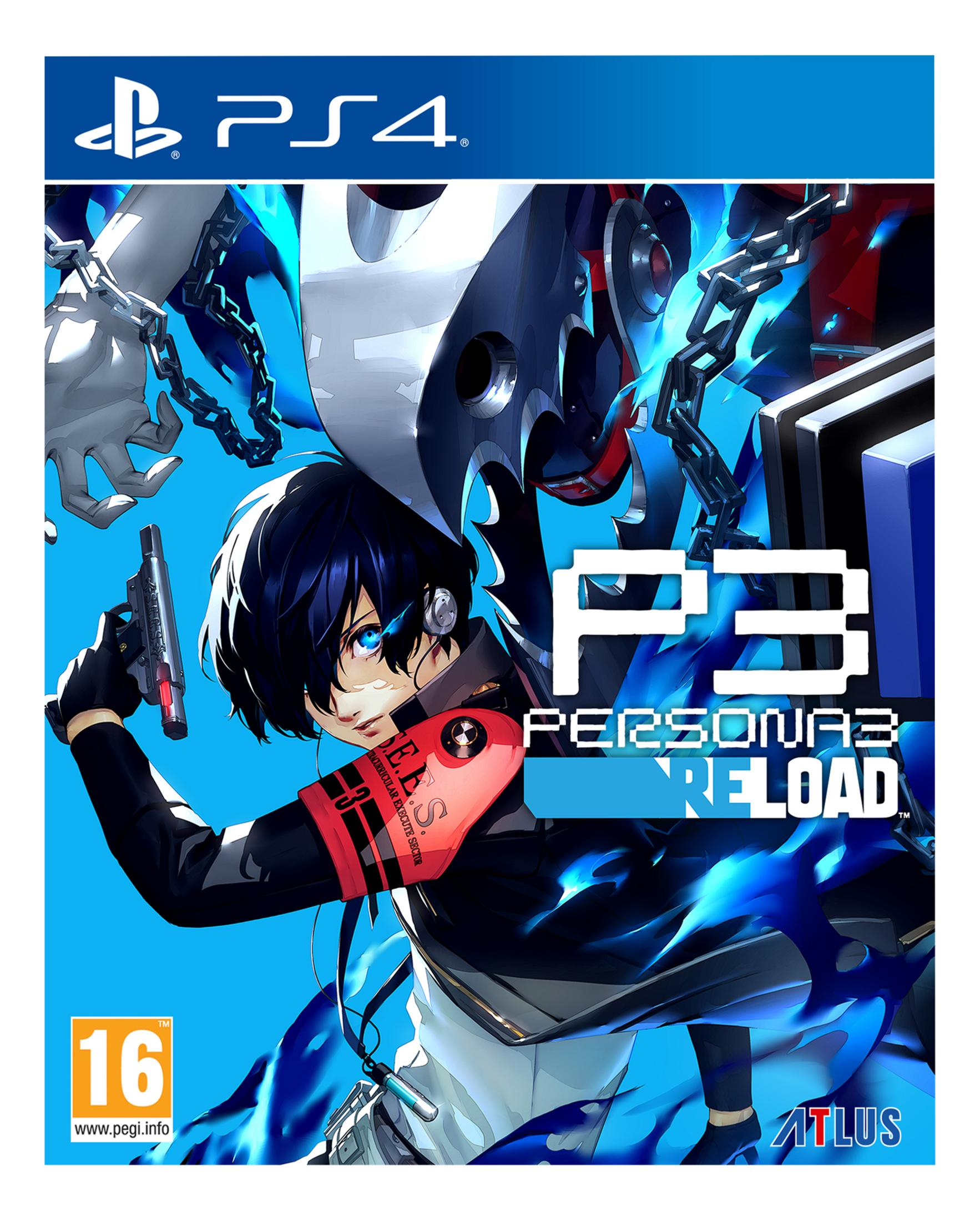 Copertina di Persona 3 Reload PS4 con personaggio anime che impugna una pistola tra fiamme blu.