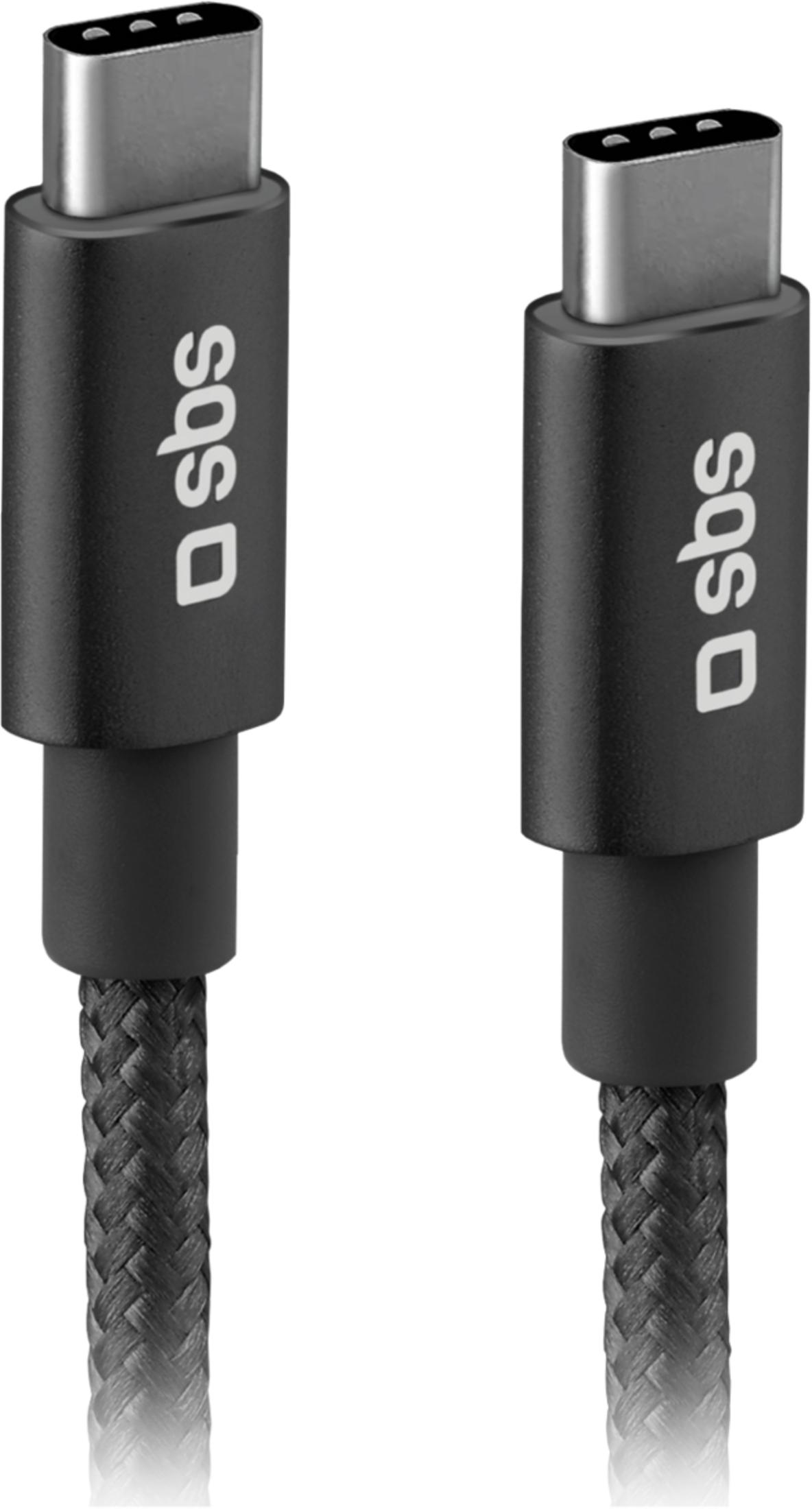 Due connettori cavo USB-C neri con logo SBS su sfondo bianco.