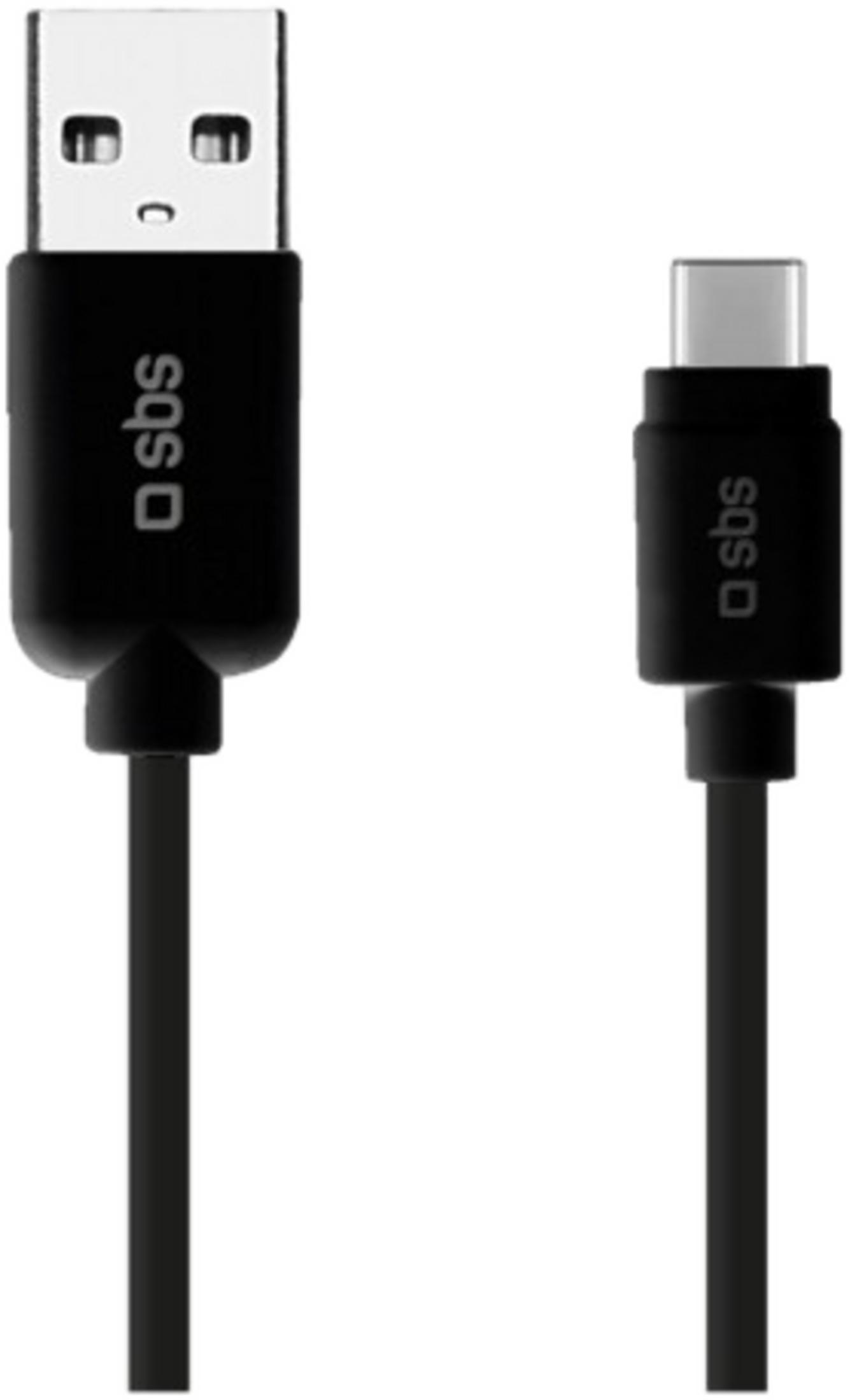 Un cavo USB-A a USB-C nero con logo SBS.