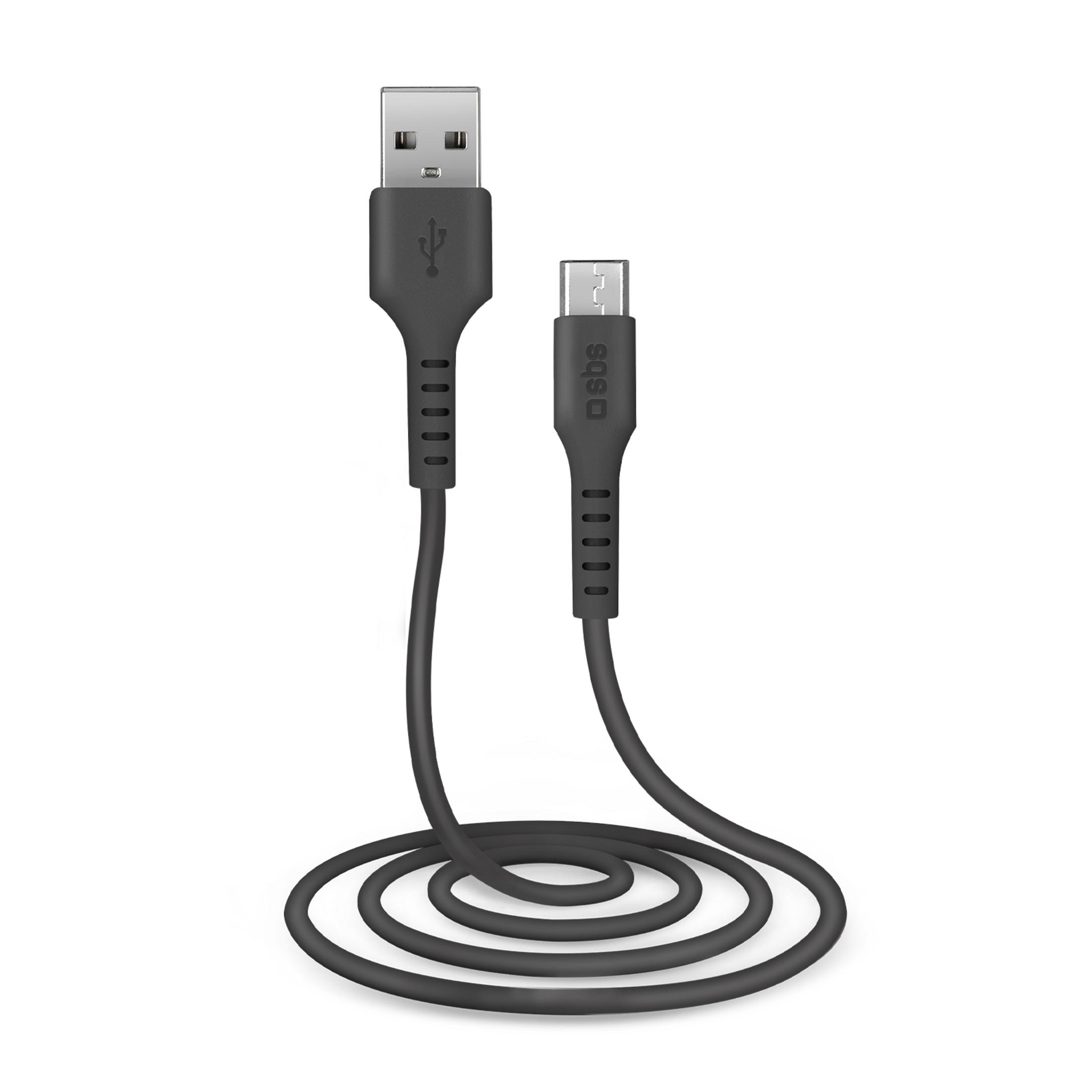 Een grijze USB naar Micro USB kabel ligt op witte achtergrond.