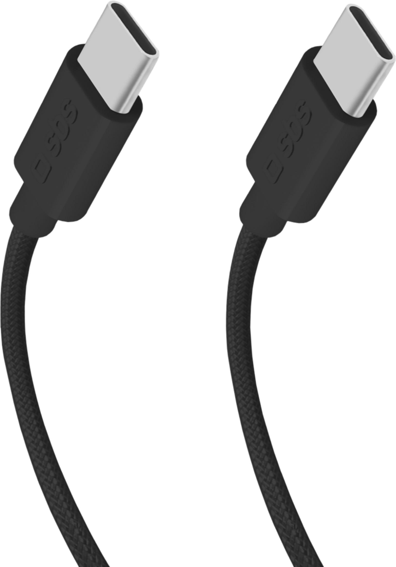 Zwei schwarze USB-C-Kabel mit silbernen Anschlüssen auf weißem Hintergrund.